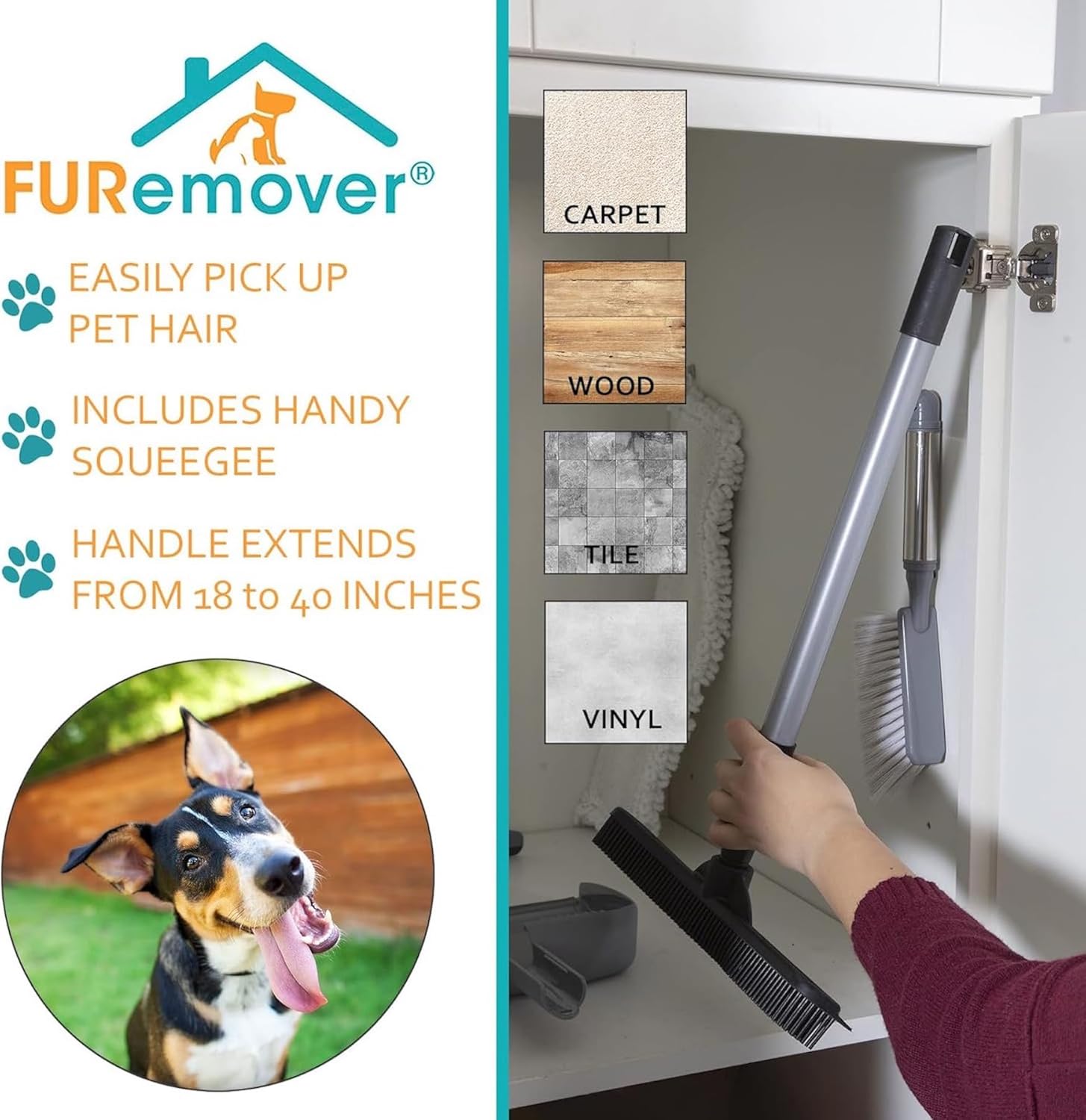 FURemover Original Indoor Pet Hair Rubber Broom with Carpet Rake and Squeegee, Black and Yellow