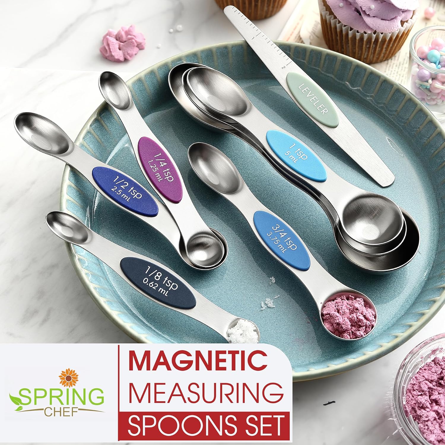 Spring Chef Magnetic Measuring Spoons Set with Strong N45 Magnets, Heavy Duty Stainless Steel Metal, Fits in Most Kitchen Spice Jars for Baking & Cooking, BPA Free, Black, Set of 8 with Leveler