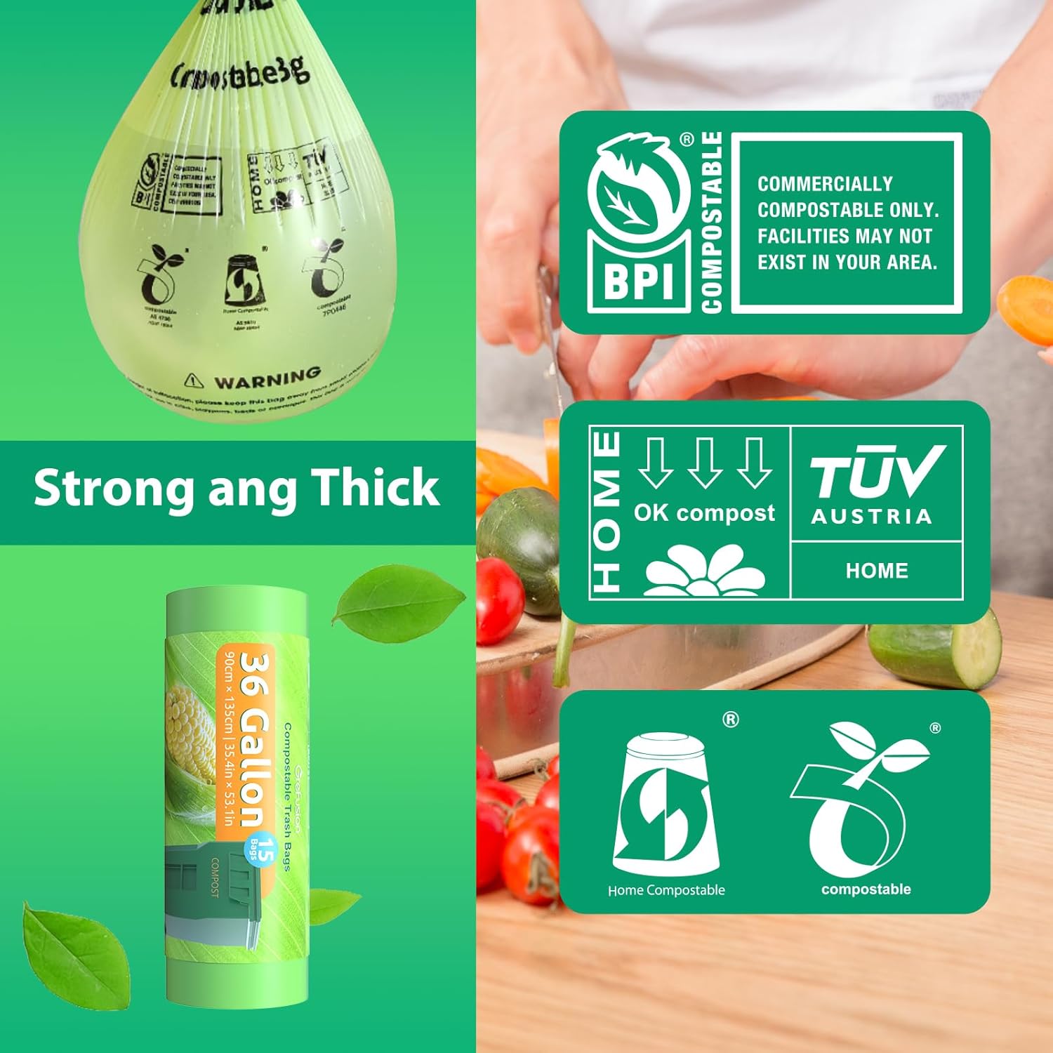 Compostable Bags for Kitchen Compost Bin, 1.2 Gallon, 125 Count, Certified by BPI and ASTM, Leakproof and Odor Control