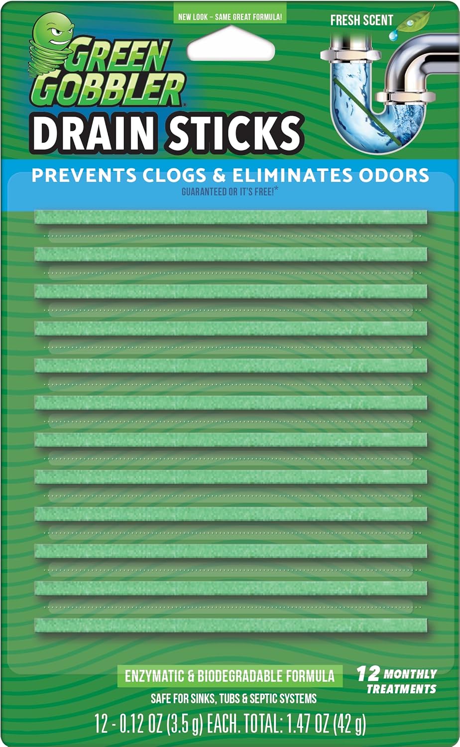 Green Gobbler Drain Cleaner & Deodorizer FRESH SCENT Sticks for Toilet Tanks, Sinks, Bathtub Drains, Washing Machine Drains and Garbage Disposals - 24 Pieces