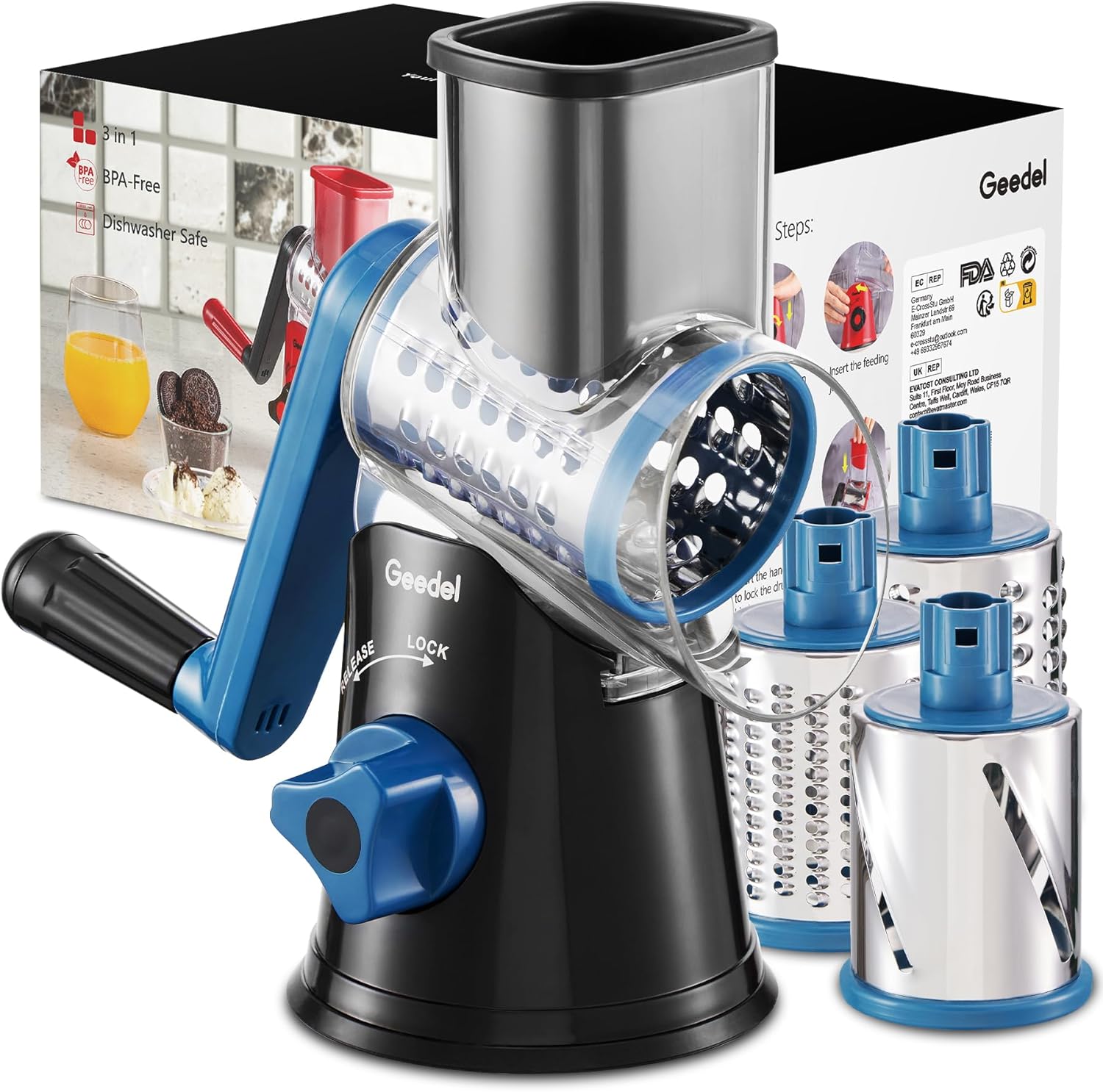 Geedel Rotary Cheese Grater, Kitchen Mandoline Vegetable Slicer with 3 Interchangeable Blades, Easy to Clean Grater for Fruit, Vegetables, Nuts