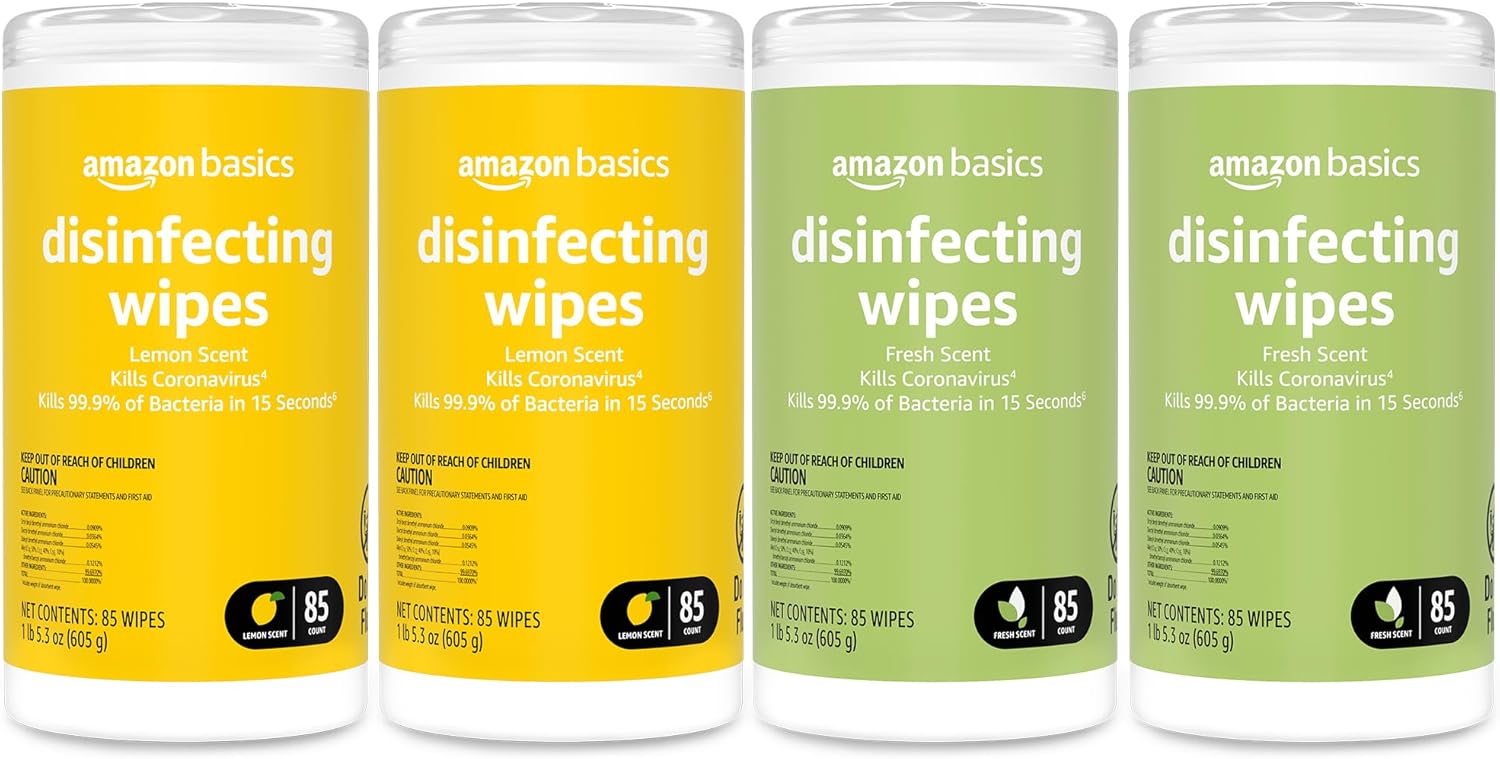 Amazon Basics Disinfecting Wipes, Lemon & Fresh Scent, Sanitizes, Cleans, Disinfects & Deodorizes, 255 Count (3 Packs of 85)