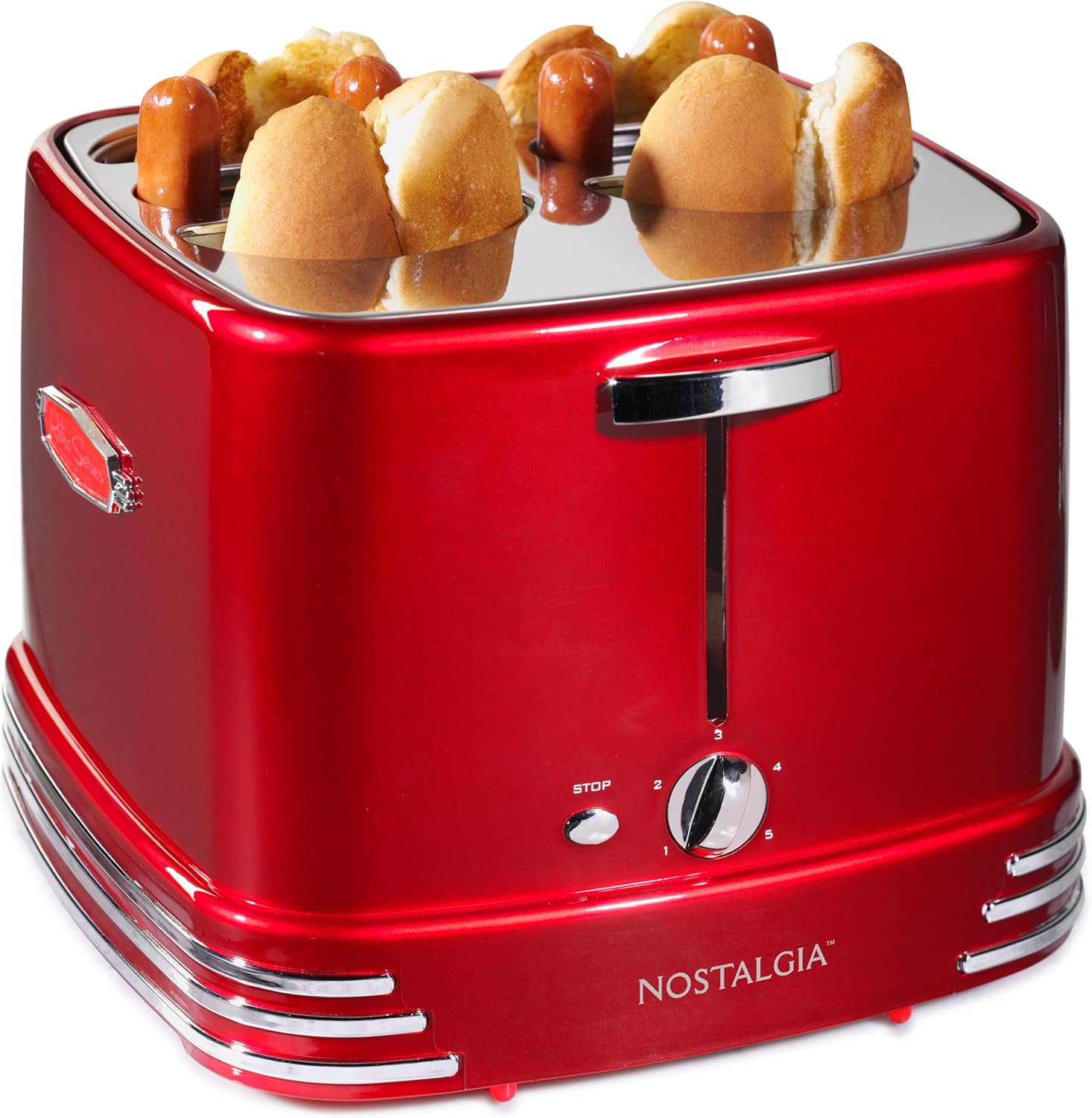 Nostalgia 2 Slot Hot Dog and Bun Toaster with Mini Tongs, Retro Toaster, Cooker that Works Chicken, Turkey, Veggie Links, Sausages Brats, Metallic Red