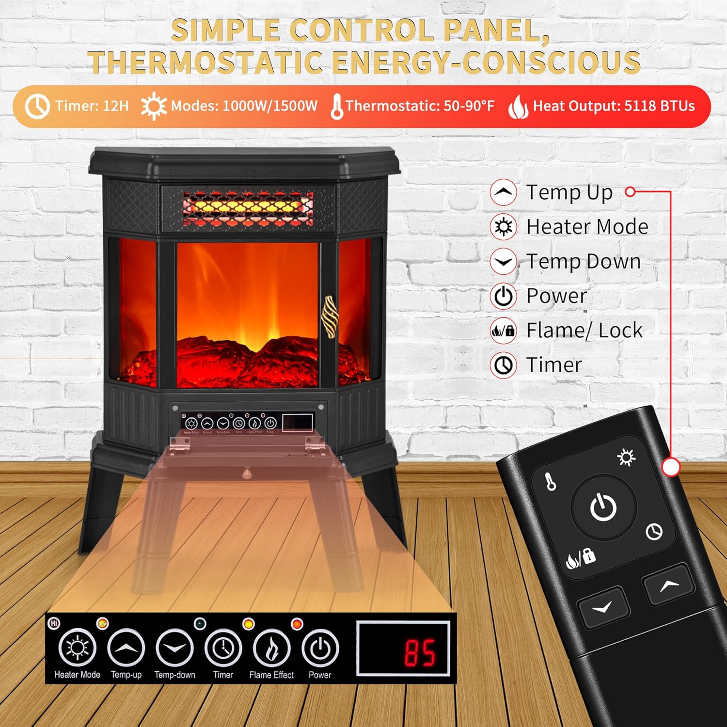 RealSmart Electric Fireplace Heater 22 in Freestanding Fireplace Stove Infrared Fireplace with 3D Flame Effect Remoted Control, Timer, Overheating Protection (Gray)