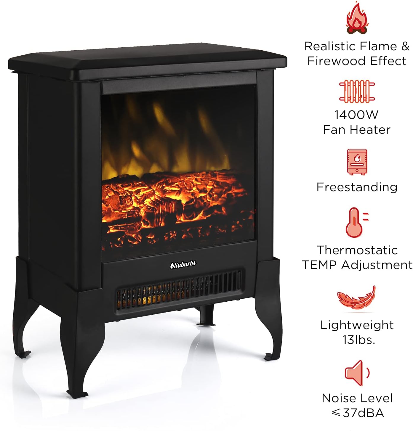TURBRO Suburbs TS17 Compact Electric Fireplace Stove, 18” Freestanding Stove Heater with Realistic Flame - CSA Certified - Overheating Safety Protection - for Small Spaces - 1400W