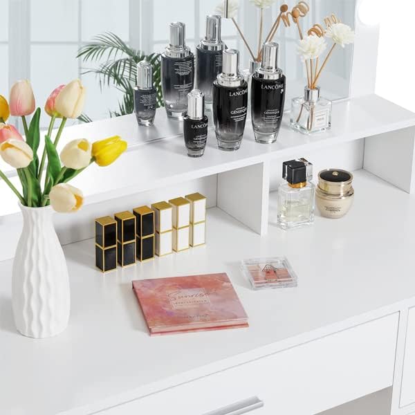 usikey Large Vanity Desk with Large Lighted Mirror, Modern Makeup Vanity Table with 3 Drawers, 2 Storage Cabinets & 10 LED Bulbs, Bedroom Dressing Table with Cushioned Stool for Women, White