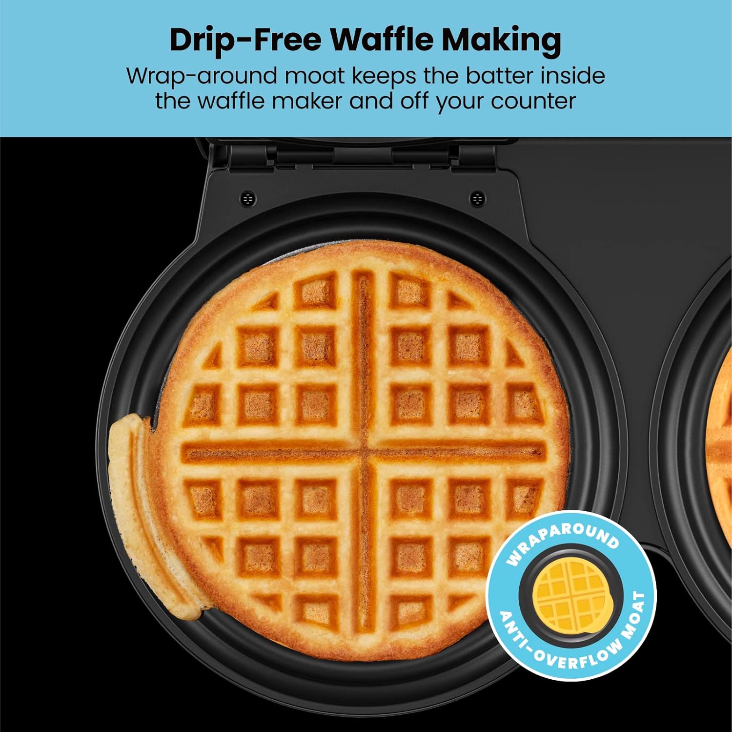 Chefman Anti-Overflow Belgian Waffle Maker w/Shade Selector, Temperature Control, Mess Free Moat, Round Iron w/Nonstick Plates & Cool Touch Handle, Measuring Cup Included, Black