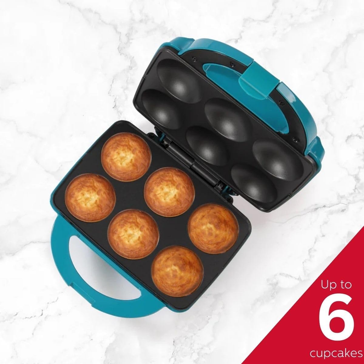 Holstein Housewares Non-Stick Cupcake Maker, Teal - Makes 6 Cupcakes, Muffins, Cinnamon Buns - Birthdays, Holidays, and More