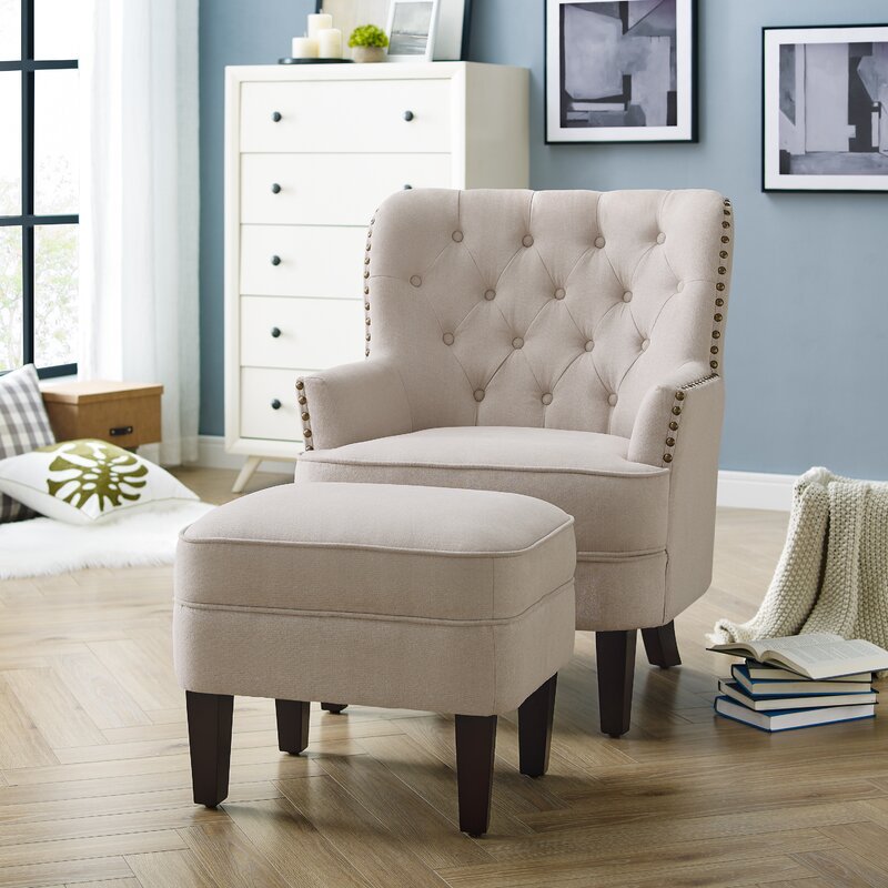 Elroy 32” Wide Tufted Wingback Chair and Ottoman