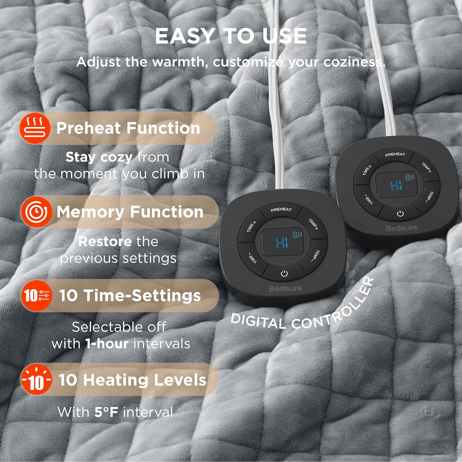 Bedsure Heated Blanket Electric Throw - Soft Flannel Electric Blanket, Heating Blanket with 4 Time Settings & 6 Heat Settings, Warm Blanket Gift for Grandma (50x60 inches, Grey)