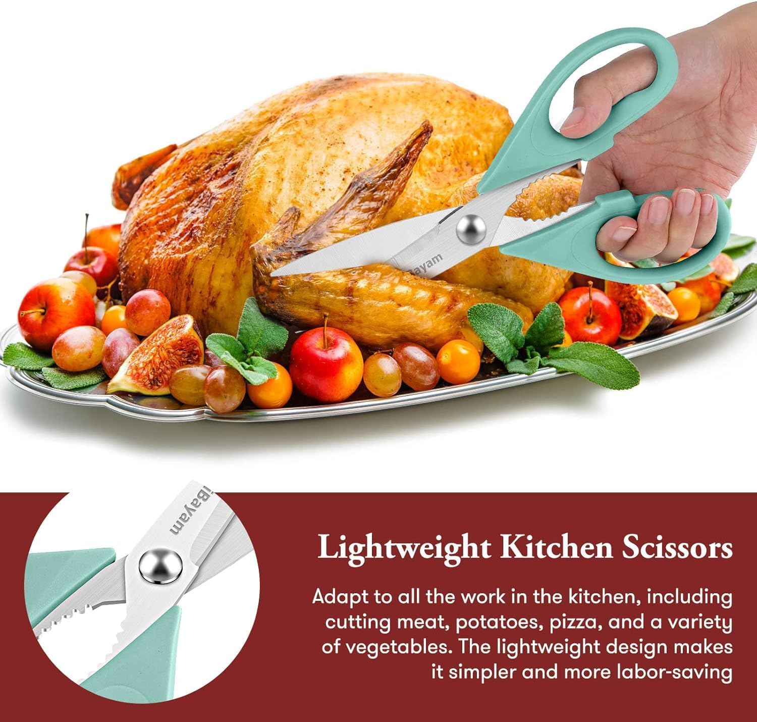 iBayam Kitchen Scissors All Purpose Heavy Duty Meat Poultry Shears, Dishwasher Safe Food Cooking Scissors Stainless Steel Utility Scissors, 2-Pack (Black Red, Black Gray)