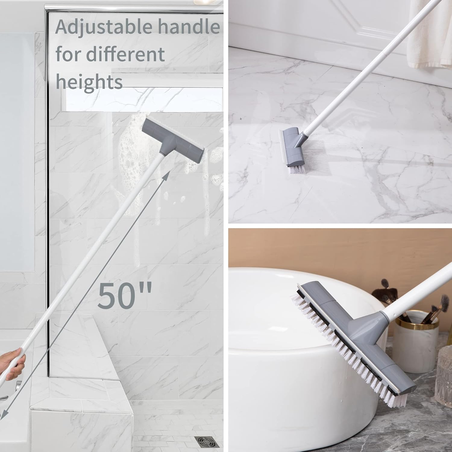 BOOMJOY Floor Scrub Brush with Long Handle, 2 in 1 Scrape and Brush, Stiff Bristles Floor Scrubber, Deck Brush for Cleaning Bathroom, Patio, Garage, Kitchen, Bath, Tile