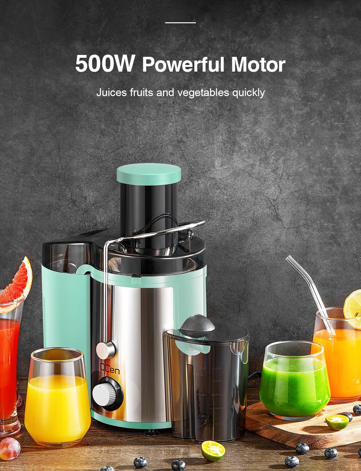 Qcen Juicer Machine, 800W Centrifugal Juicer Extractor with Wide Mouth 3” Feed Chute for Fruit Vegetable, Easy to Clean, Stainless Steel, BPA-free (Black)