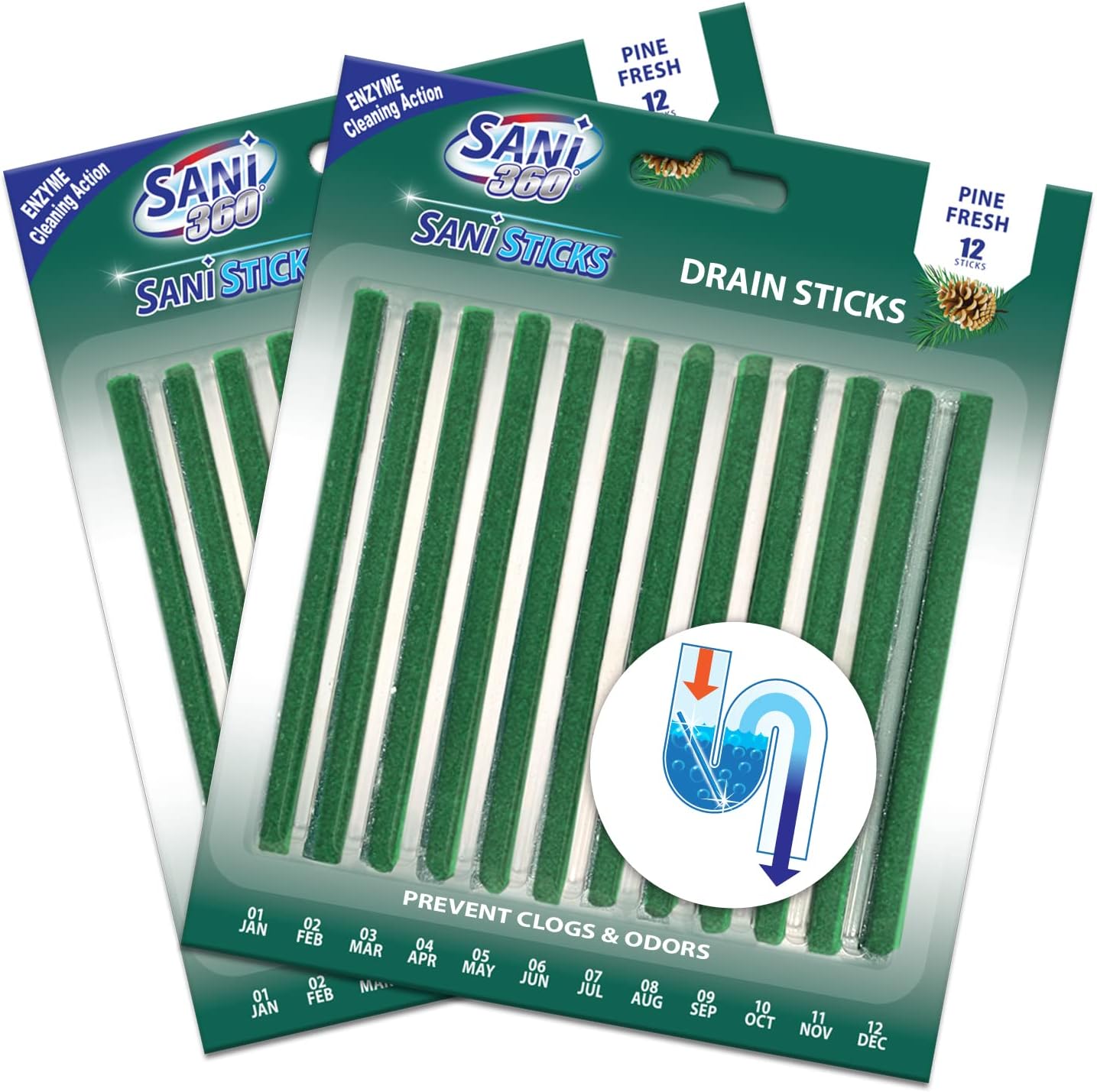 SANI 360° Sani Sticks Drain Cleaner and Deodorizer, Enzyme Pipe Cleaners, Eliminate Odors, Prevent Clogged Drains, Safe for Sinks, Bathtub Drains, Septic Tanks, 24 Count, Lemon Scent