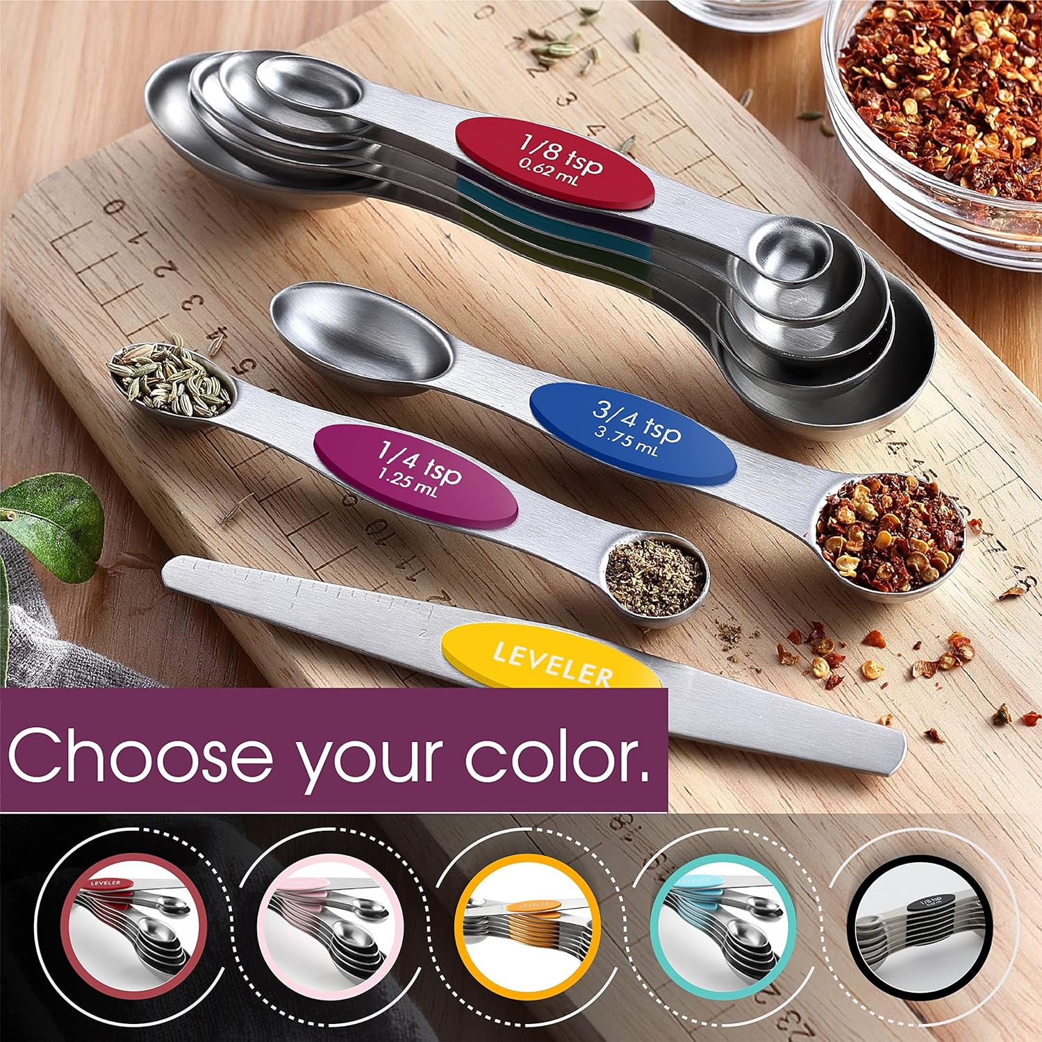 Spring Chef Magnetic Measuring Spoons Set with Strong N45 Magnets, Heavy Duty Stainless Steel Metal, Fits in Most Kitchen Spice Jars for Baking & Cooking, BPA Free, Black, Set of 8 with Leveler