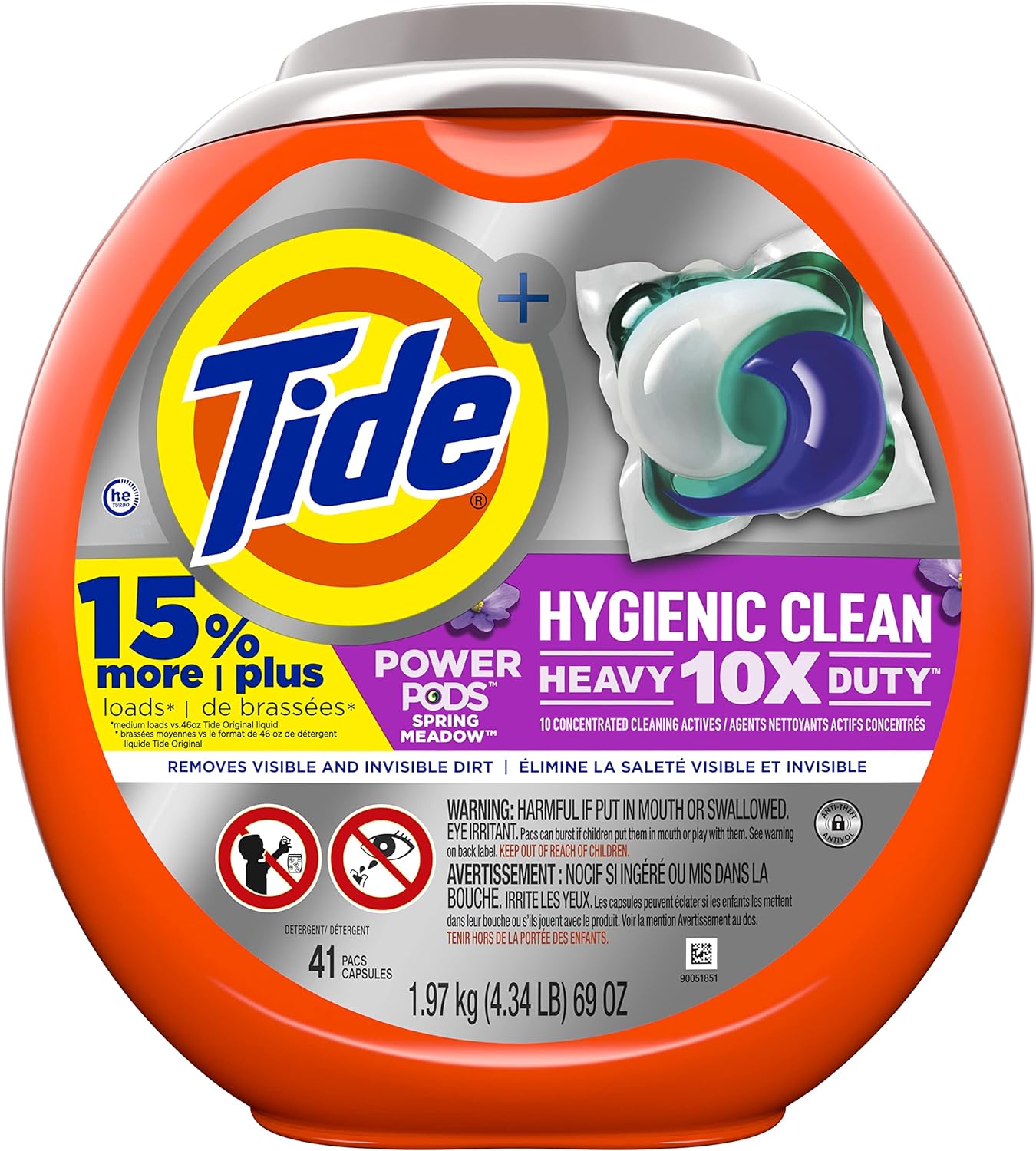 Tide Hygienic Clean Heavy 10x Duty Power PODS Laundry Detergent Pacs For Visible and Invisible Dirt, Spring Meadow Scent, 45 Count