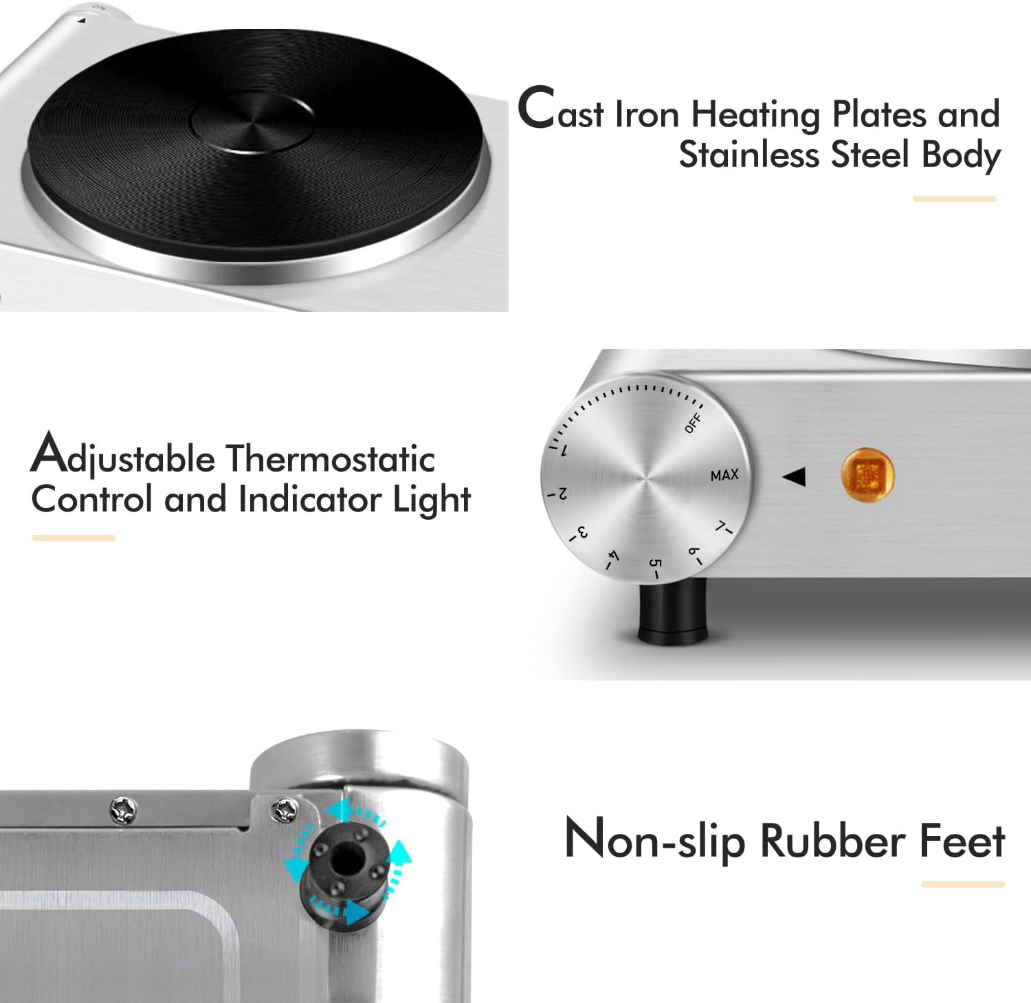 CUSIMAX 1800W Ceramic Electric Hot Plate for Cooking, Dual Control Infrared Cooktop, Double Burner, Portable Countertop Burner, Glass Plate Electric Cooktop, Silver, Stainless Steel-Upgraded Version