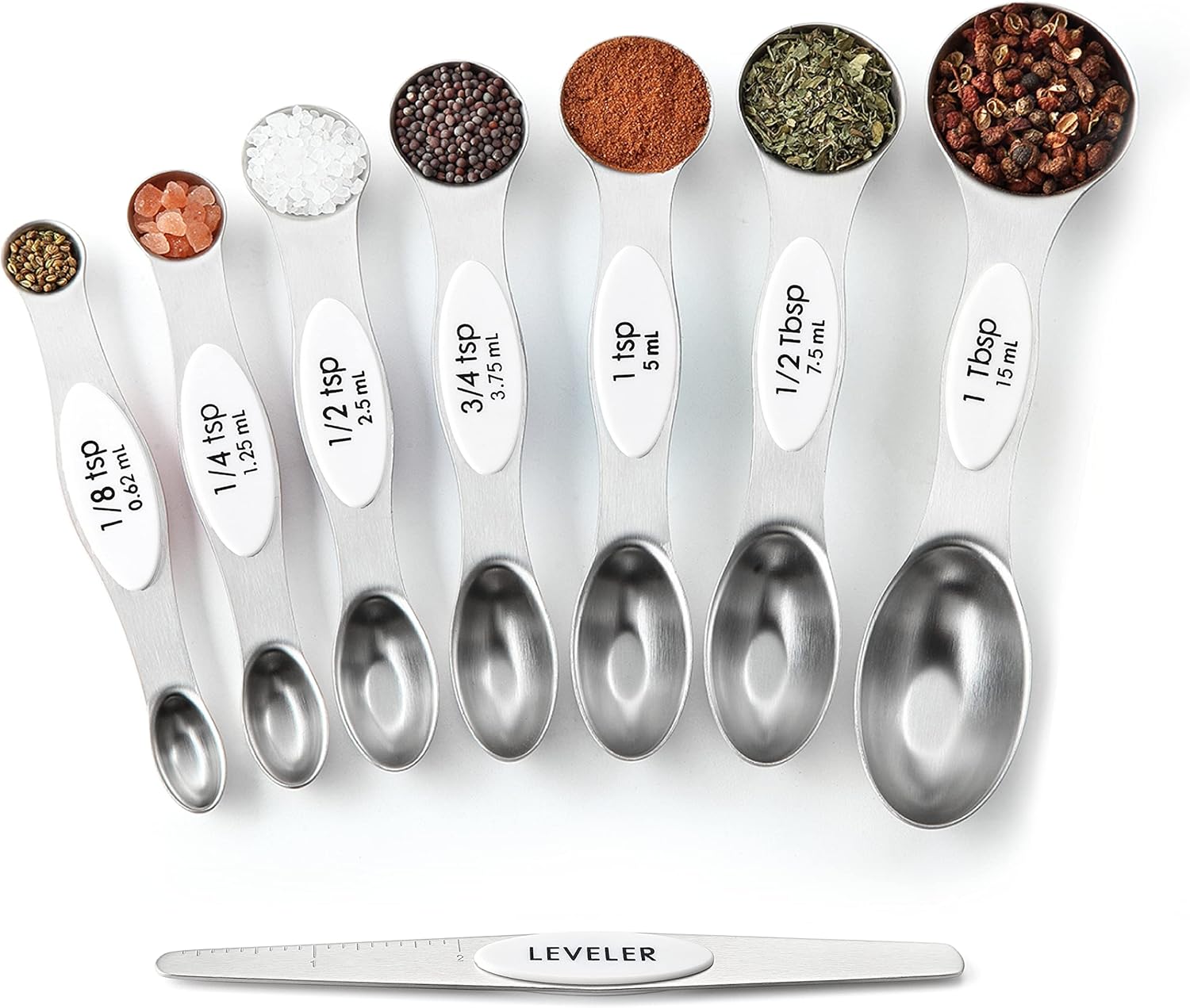 Spring Chef Magnetic Measuring Spoons Set with Strong N45 Magnets, Heavy Duty Stainless Steel Metal, Fits in Most Kitchen Spice Jars for Baking & Cooking, BPA Free, Black, Set of 8 with Leveler
