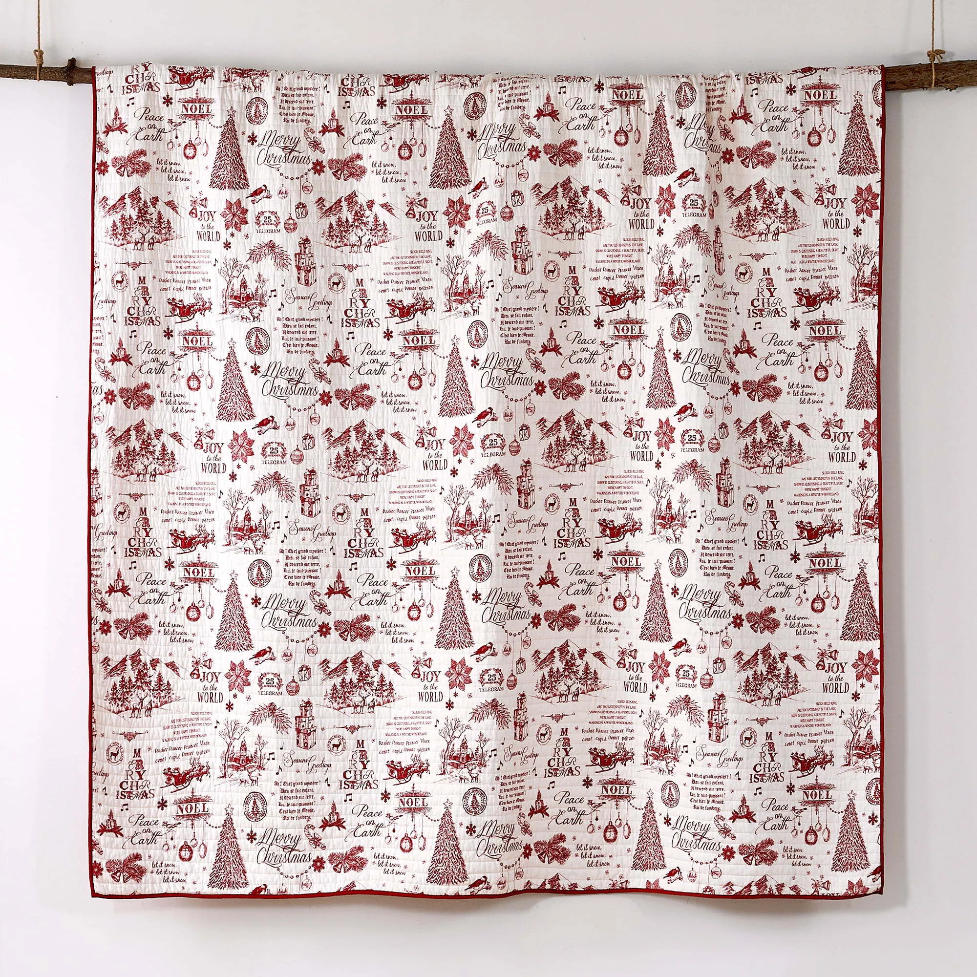 Yuletide Quilt Set - King Quilt (106x92in.) + Two King Pillow Shams (36x20in.) - Christmas Holiday Script - Red and Cream - Reversible - Cotton