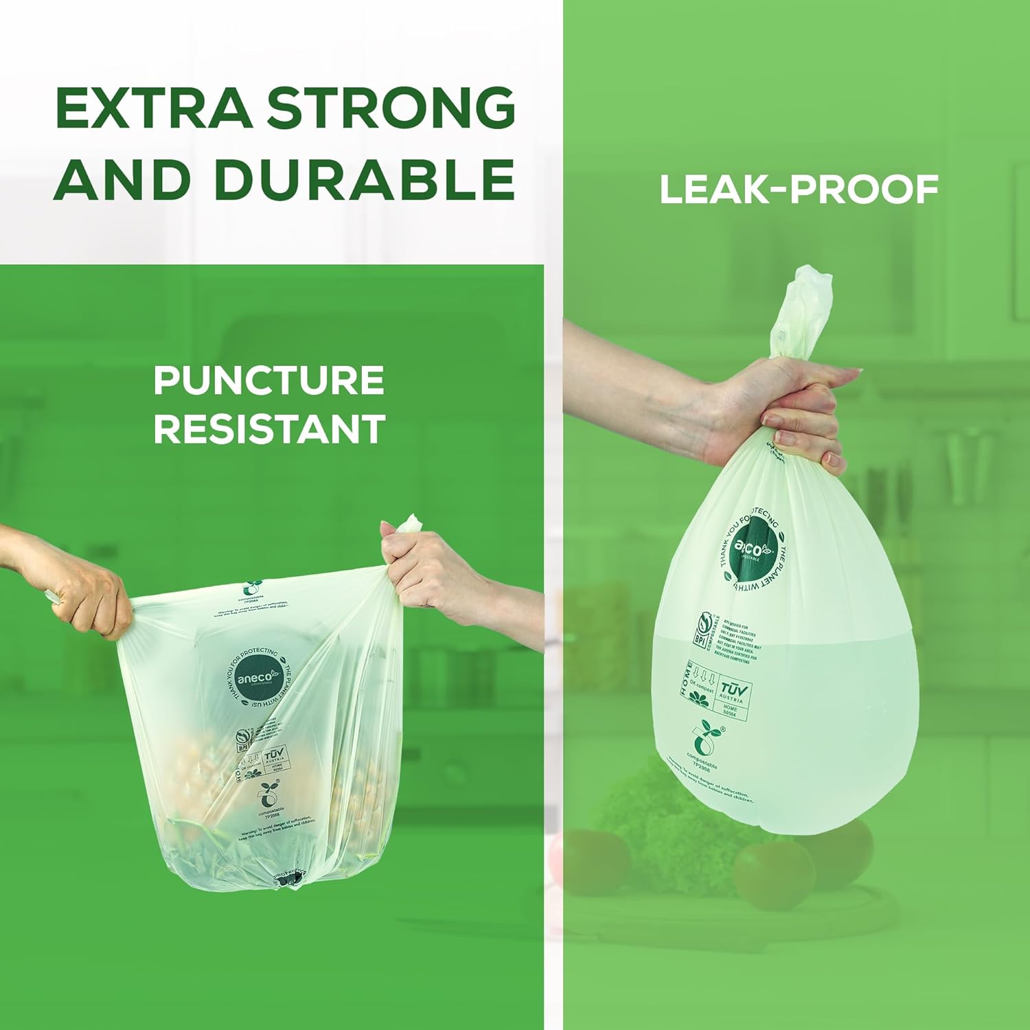 ANECO 100% Compostable Waste Bags 2.6 Gallon, Extra Thick Kitchen Small Compost Bags for Countertop Bin (100 Count)