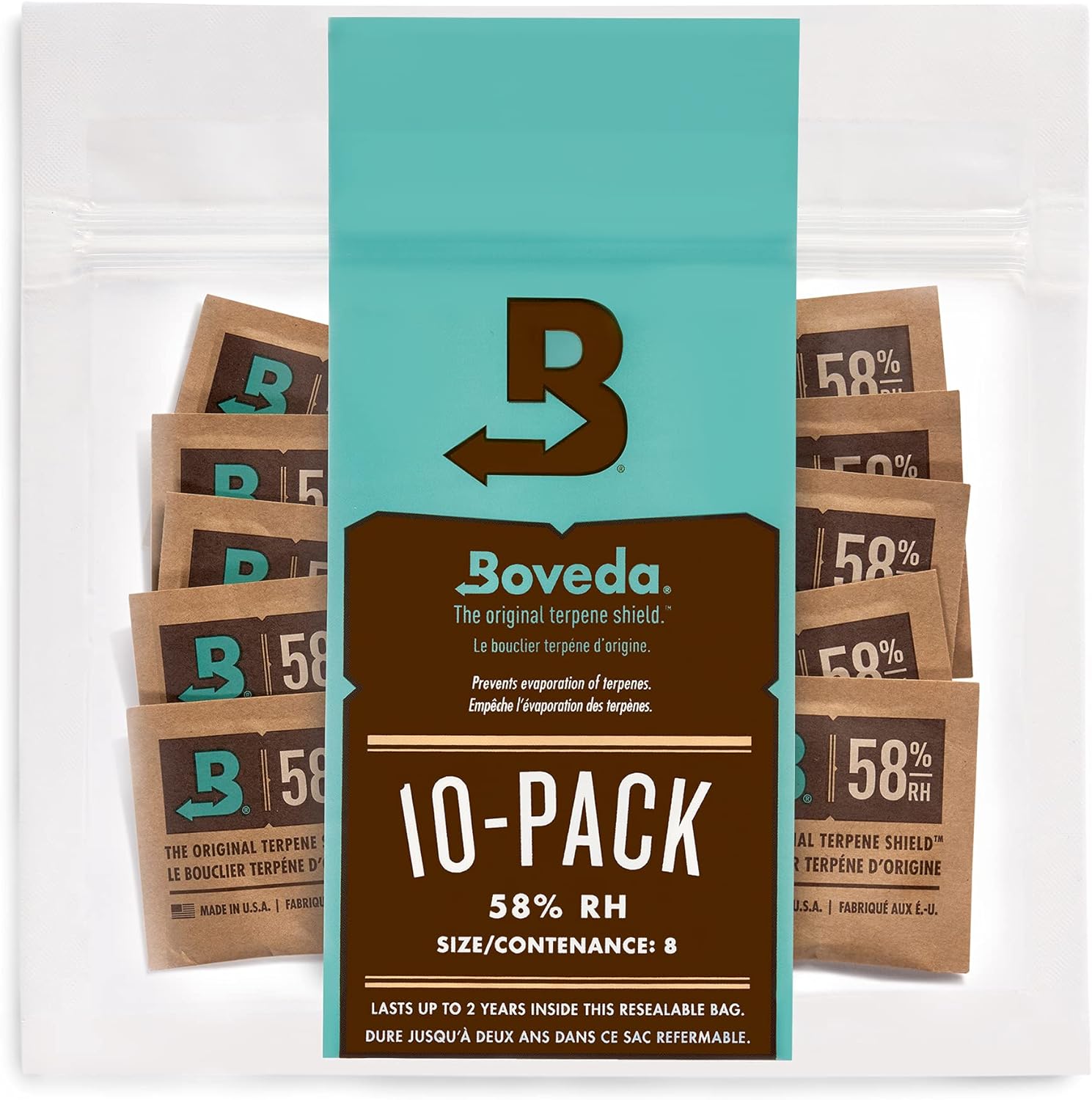 Boveda 62% RH Size 8 - 10 Pack Two-Way Humidity Control Packs - For Storing 1 oz - Moisture Absorber for Small Storage Containers - Humidifier Packs - Hydration Packets w/ Resealable Bag