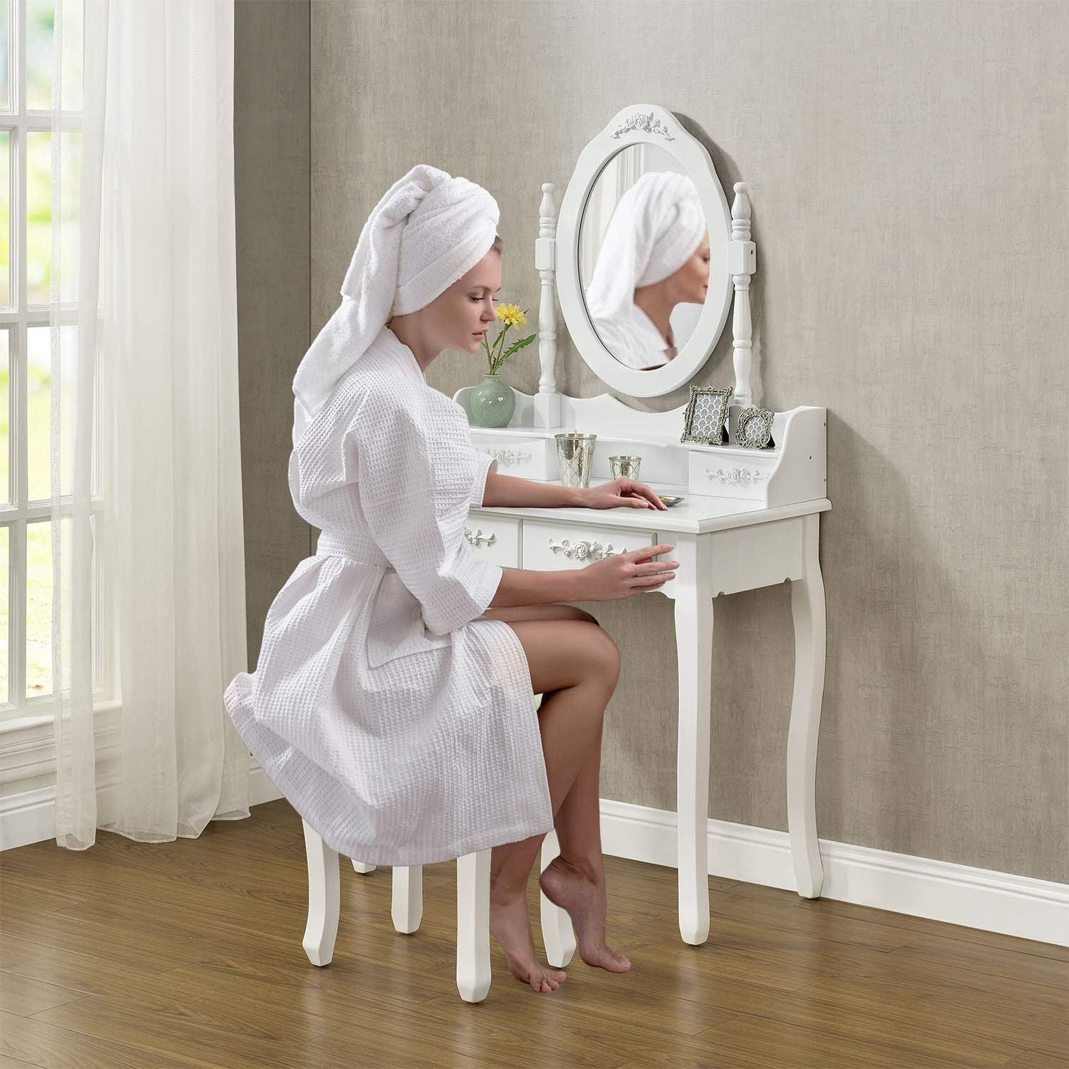 ArtLife Mira Dressing Table with Mirror, Stool and 4 Drawers White Country House Style MDF Wood for Girls Children