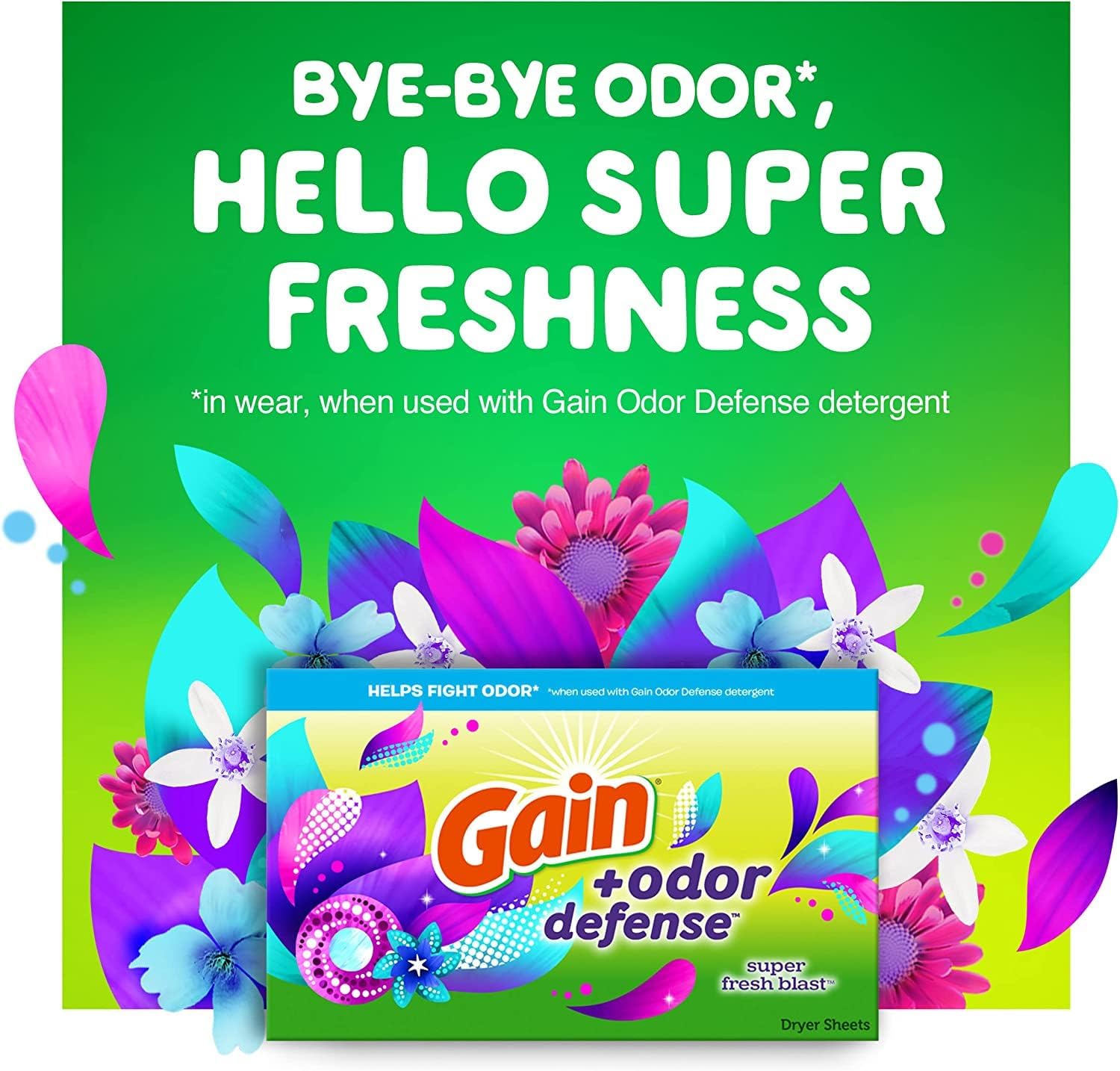 Gain + Odor Defense Dryer Sheets, Super Fresh Blast Scent Fabric Softener Sheets, 240 ct