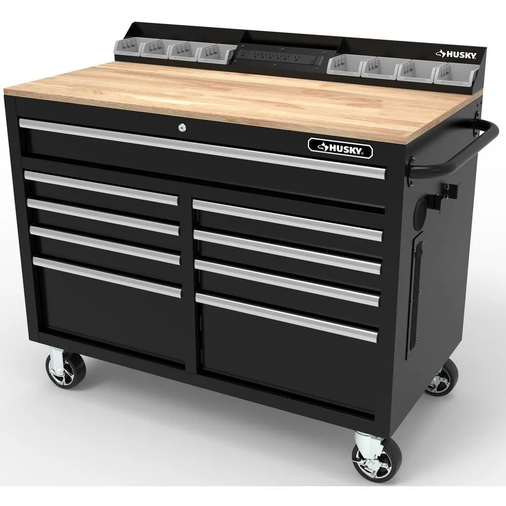 —46 in. W x 24.5 in. D 9-Drawer Gloss Black Deep Tool Chest Mobile Workbench with Hardwood Top and Power Station