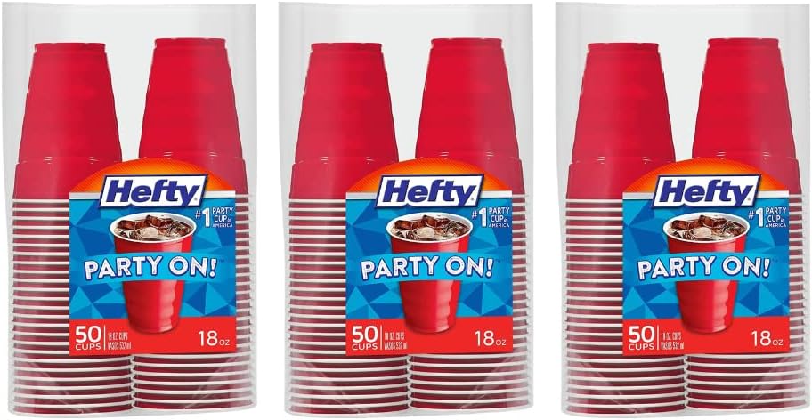 Hefty Party On Disposable Plastic Cups, Red, 18 Ounce, 50 Count
