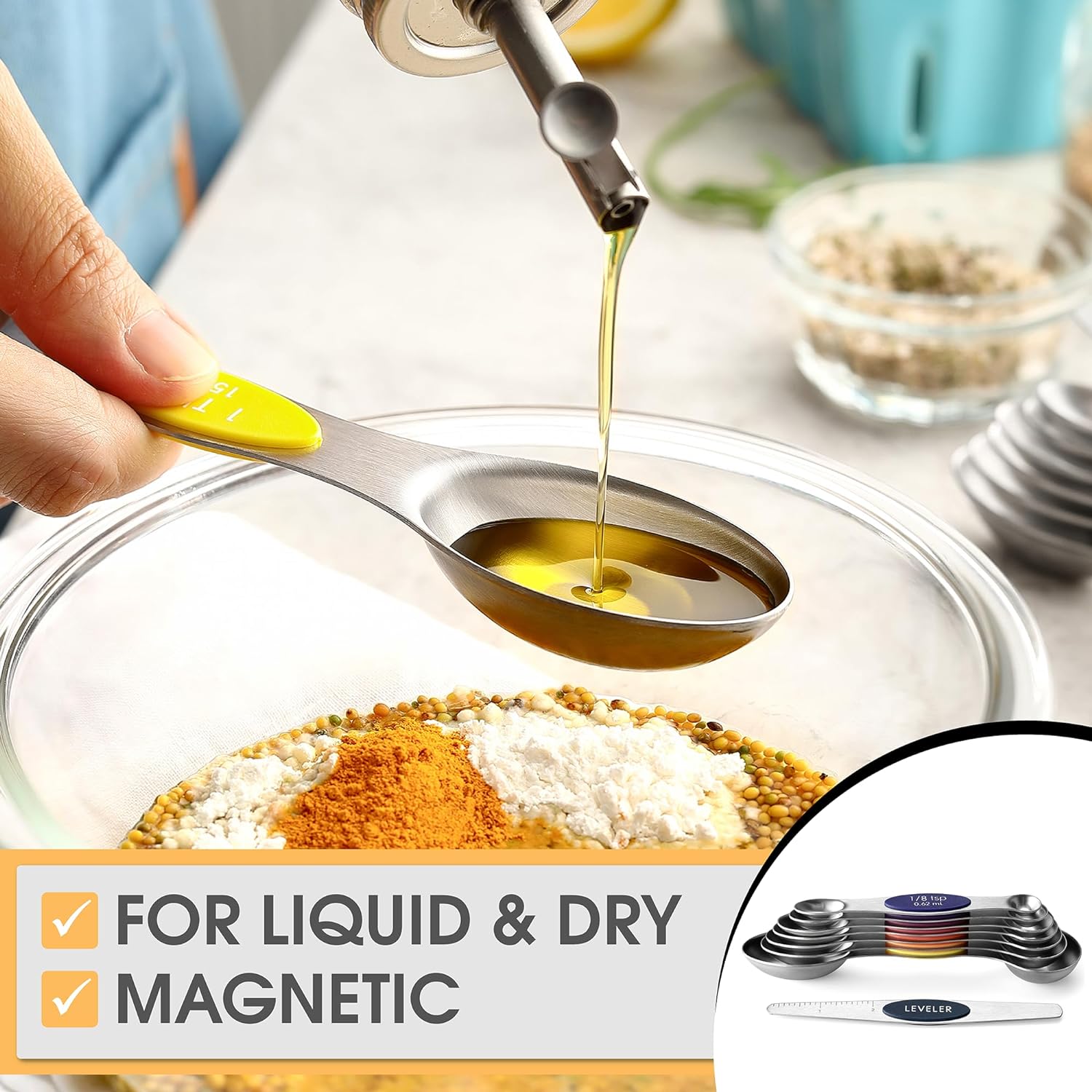 Spring Chef Magnetic Measuring Spoons Set with Strong N45 Magnets, Heavy Duty Stainless Steel Metal, Fits in Most Kitchen Spice Jars for Baking & Cooking, BPA Free, Black, Set of 8 with Leveler