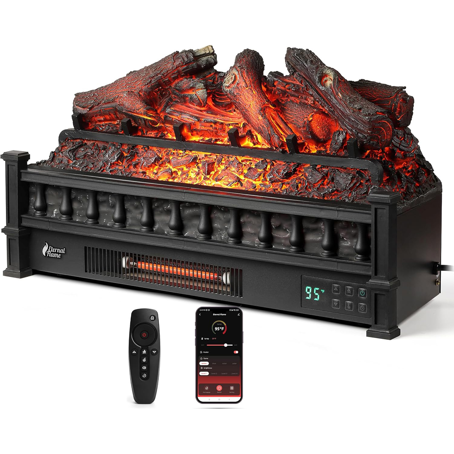 TURBRO Eternal Flame 26 in. WiFi Infrared Quartz Electric Fireplace Log Heater with Sound Crackling, Realistic Lemonwood Logs, Adjustable Flame Colors, Remote Control, Thermostat, Timer, 1500W Black