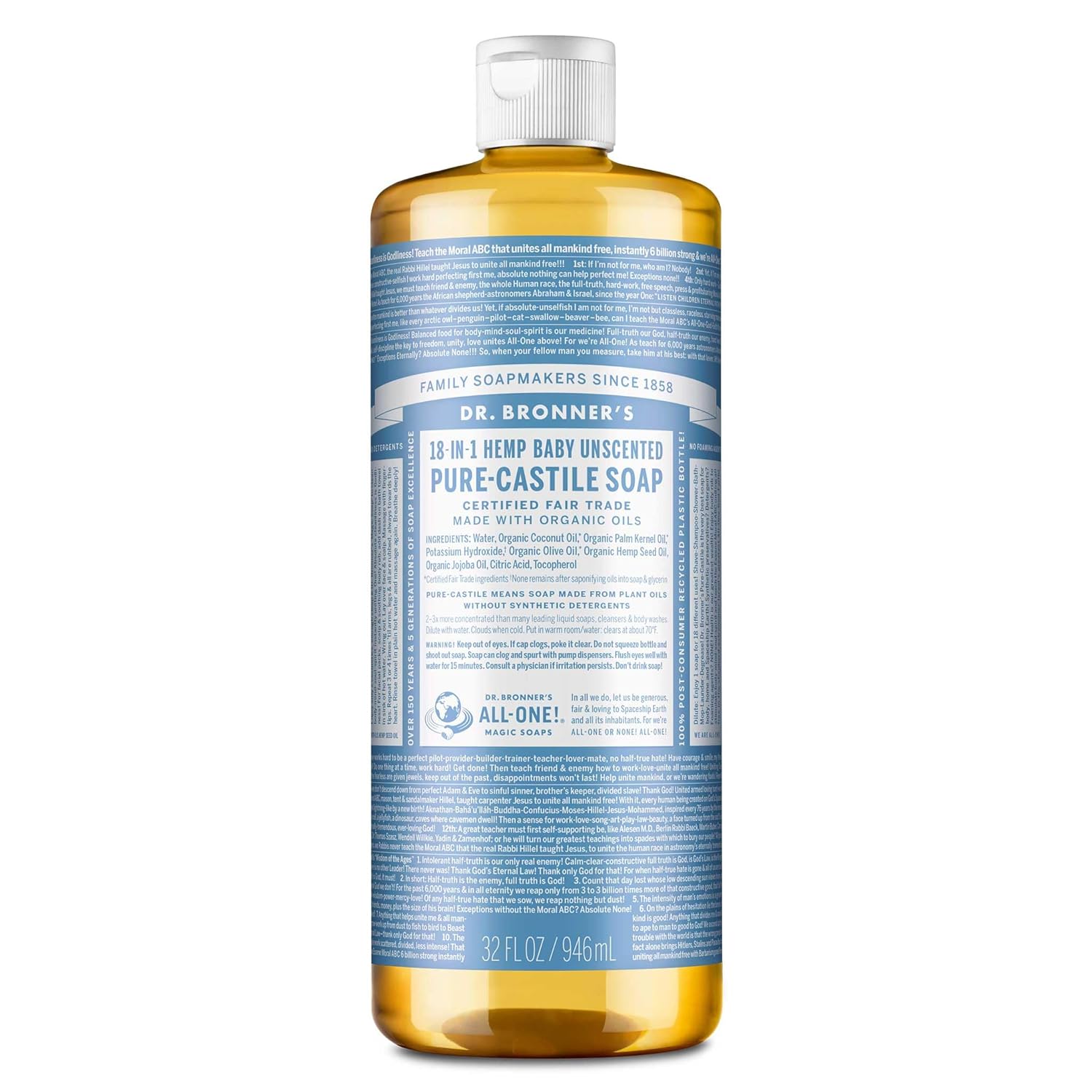 Dr. Bronner's - Pure-Castile Liquid Soap (Baby Unscented, 8 Ounce) - Made with Organic Oils, 18-in-1 Uses: Face, Hair, Laundry, Dishes, For Sensitive Skin, Babies, No Added Fragrance, Vegan, Non-GMO
