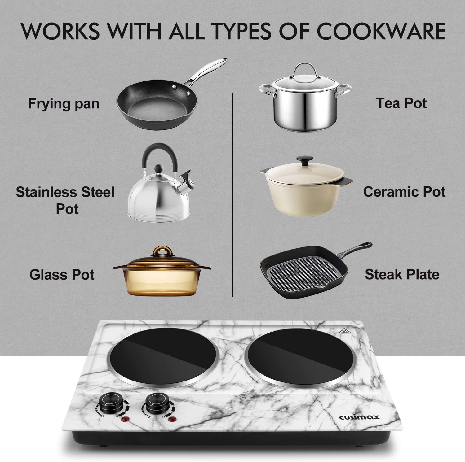 CUSIMAX 1800W Ceramic Electric Hot Plate for Cooking, Dual Control Infrared Cooktop, Double Burner, Portable Countertop Burner, Glass Plate Electric Cooktop, Silver, Stainless Steel-Upgraded Version