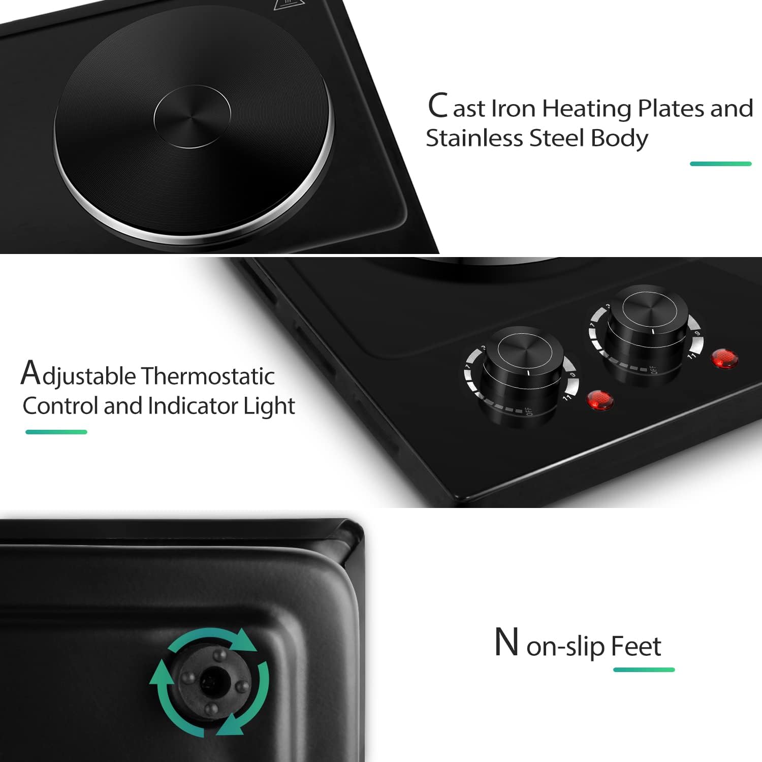 CUSIMAX 1800W Ceramic Electric Hot Plate for Cooking, Dual Control Infrared Cooktop, Double Burner, Portable Countertop Burner, Glass Plate Electric Cooktop, Silver, Stainless Steel-Upgraded Version