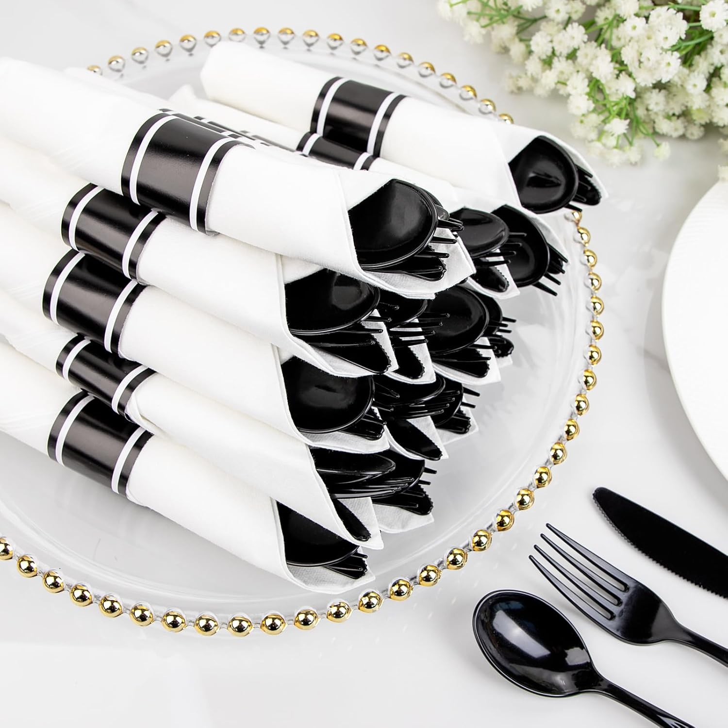 Supernal 60 Pack Pre Rolled Napkins with Gold Plastic Silverware, Premium Disposable Gold Wrapped Cutlery Set Includes: 60 Forks 60 Knives 60 Spoons 60 Napkin for Party