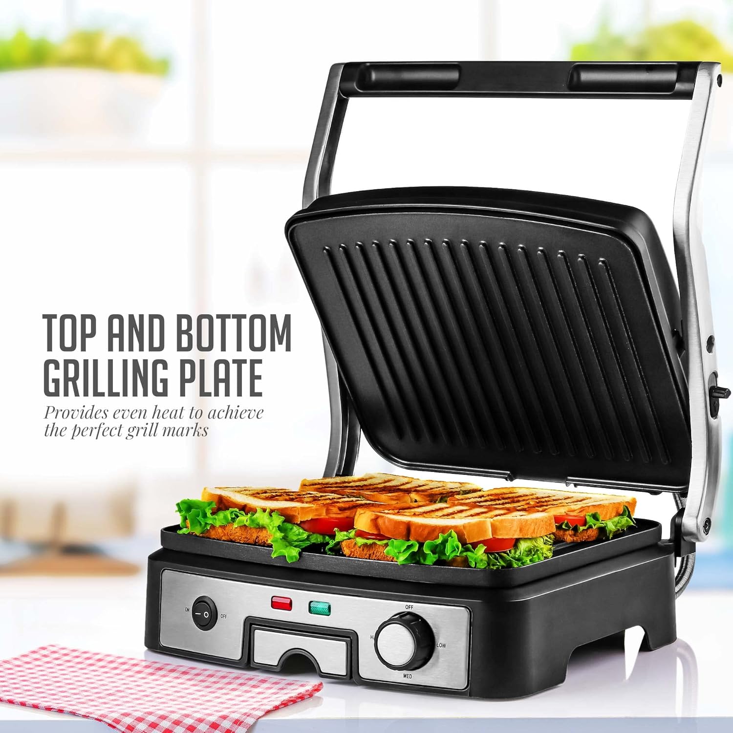 OVENTE Electric Sandwich Maker with Non-Stick Plates, Indicator Lights, Cool Touch Handle, Easy to Clean and Store, Perfect for Cooking Breakfast, Grilled Cheese, Tuna Melts and Snacks, Black GPS401B