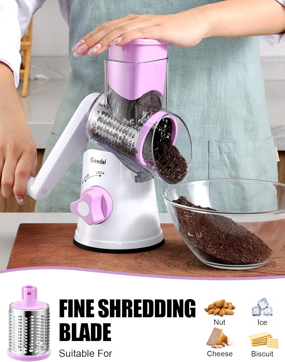 Geedel Rotary Cheese Grater, Kitchen Mandoline Vegetable Slicer with 3 Interchangeable Blades, Easy to Clean Grater for Fruit, Vegetables, Nuts