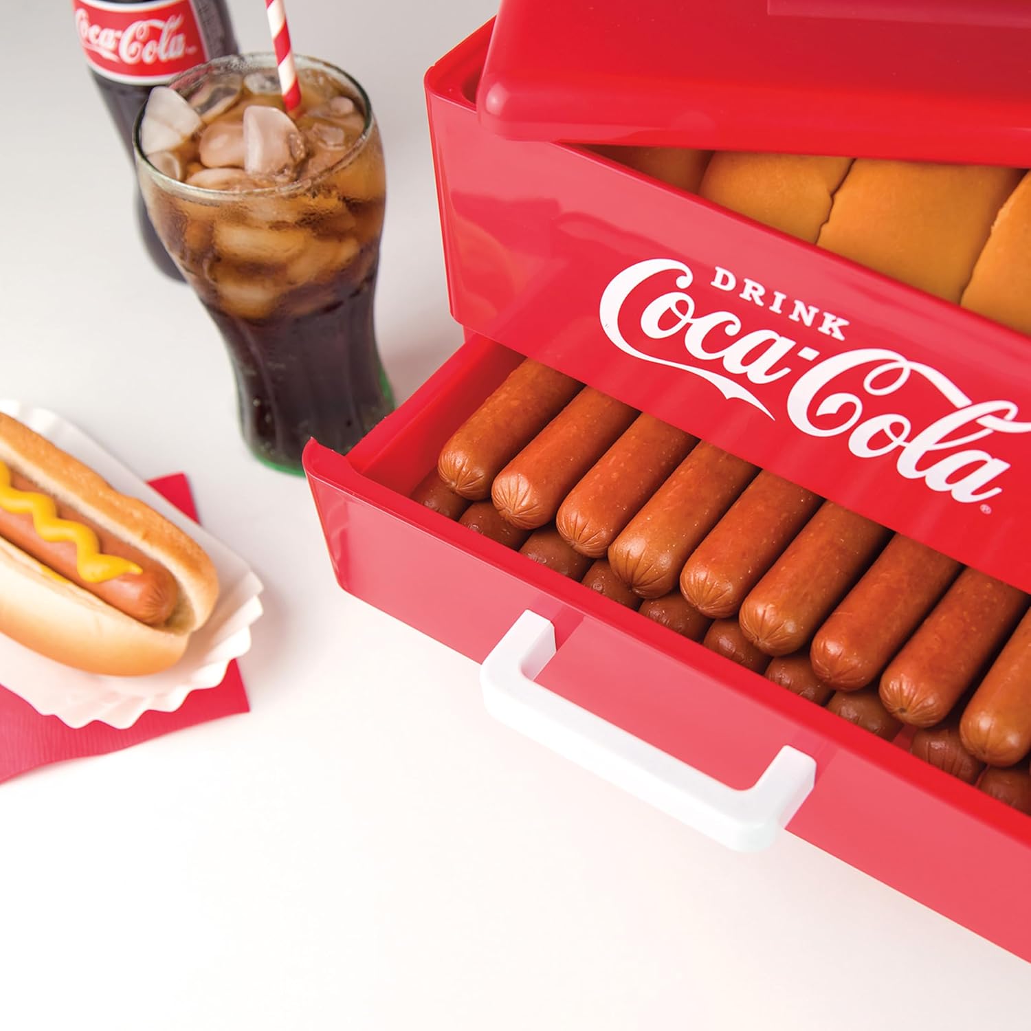Nostalgia Extra Large Diner-Style Coca-Cola Hot Dog Steamer and Bun Warmer, 24 Hot Dog and 12 Bun Capacity, Steam Bratwursts, Sausages, Vegetables, Fish, Dumplings, Red