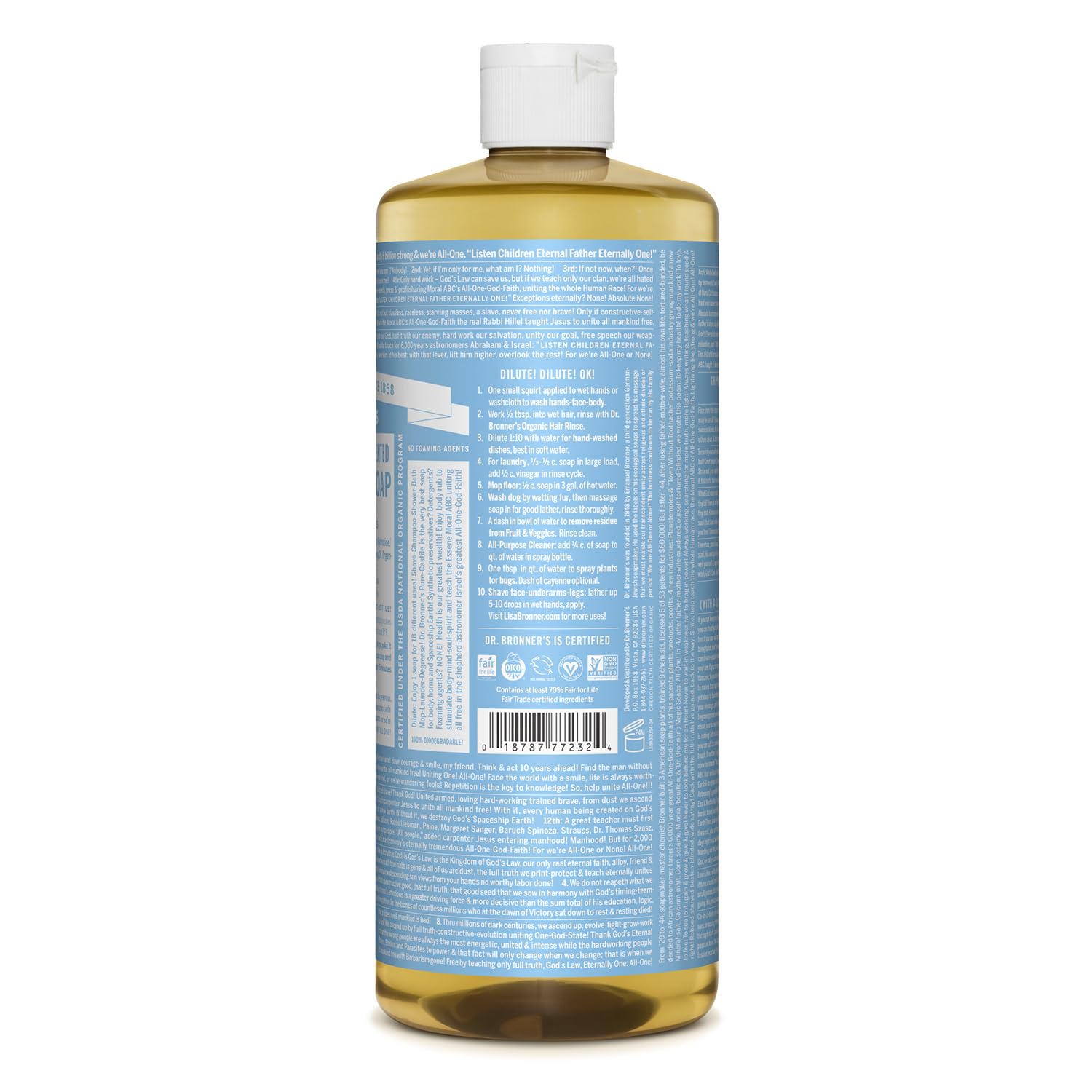 Dr. Bronner's - Pure-Castile Liquid Soap (Baby Unscented, 8 Ounce) - Made with Organic Oils, 18-in-1 Uses: Face, Hair, Laundry, Dishes, For Sensitive Skin, Babies, No Added Fragrance, Vegan, Non-GMO