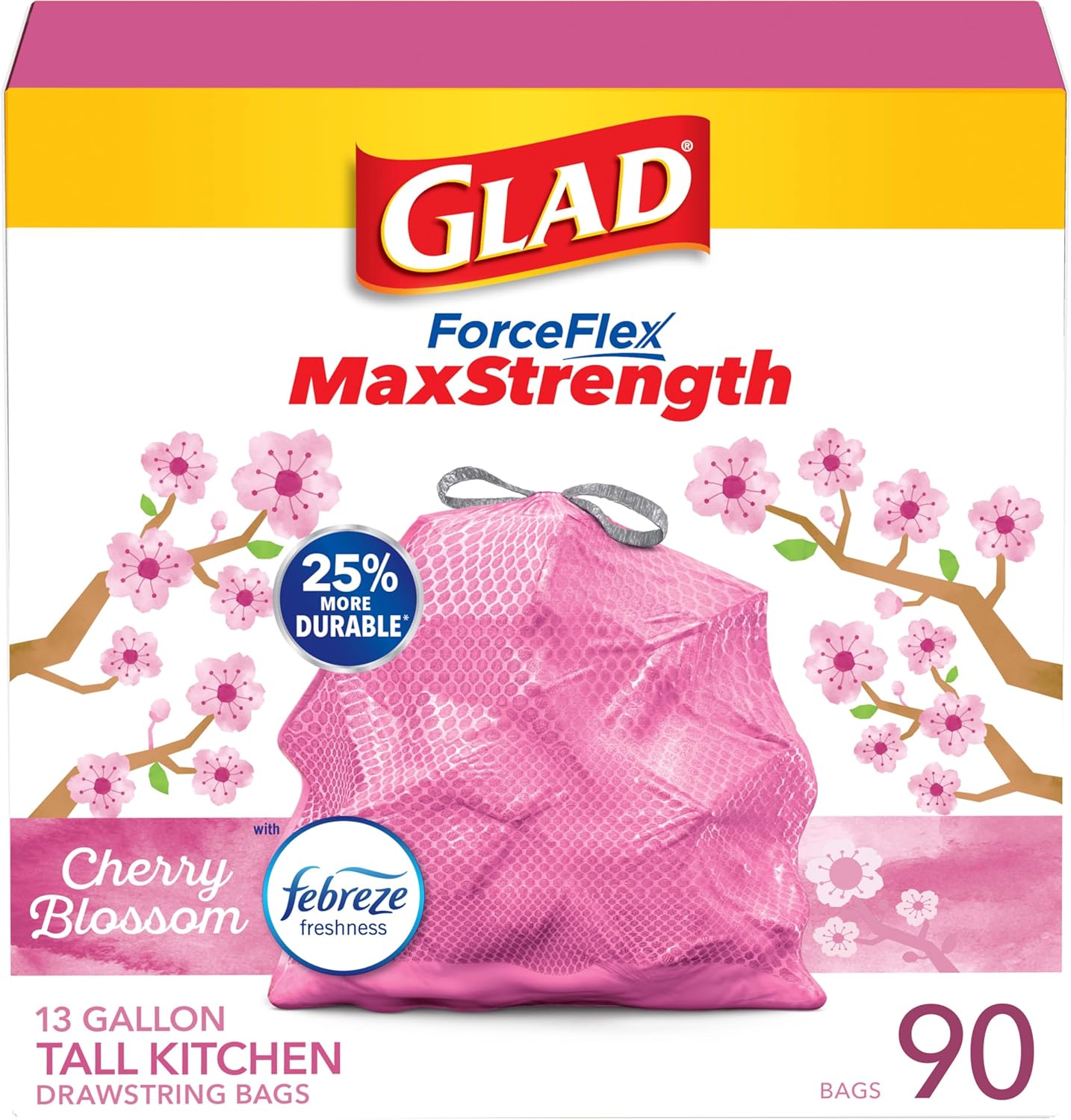 Glad ForceFlex MaxStrength with Clorox Trash Bags, 13 Gal, Lemon Fresh Bleach, 90 Ct, Pack May Vary