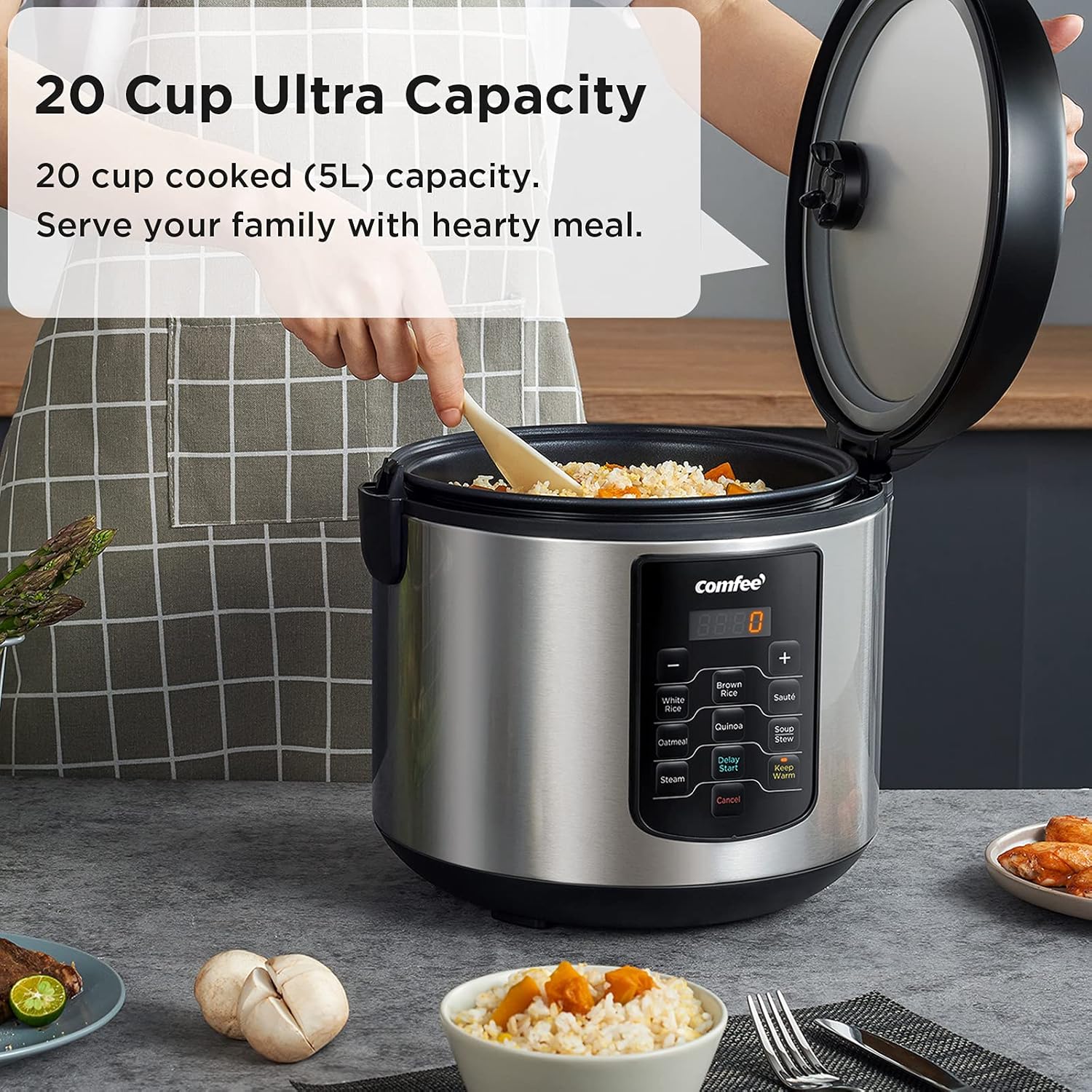 COMFEE' Compact Rice Cooker, 6-in-1 Stainless Steel Multi Cooker, Slow Cooker, Steamer, Saute, and Warmer, 2 QT, 8 Cups Cooked(4 Cups Uncooked), Brown Rice, Quinoa and Oatmeal, 6 One-Touch Programs