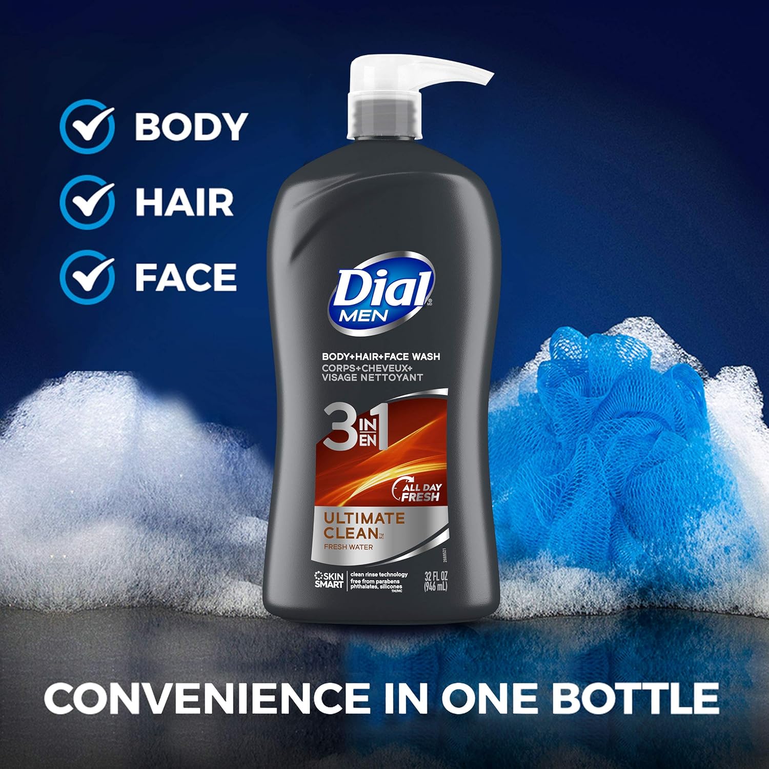 Dial Men 3in1 Body, Hair and Face Wash, Ultimate Clean, 32 Fl Oz