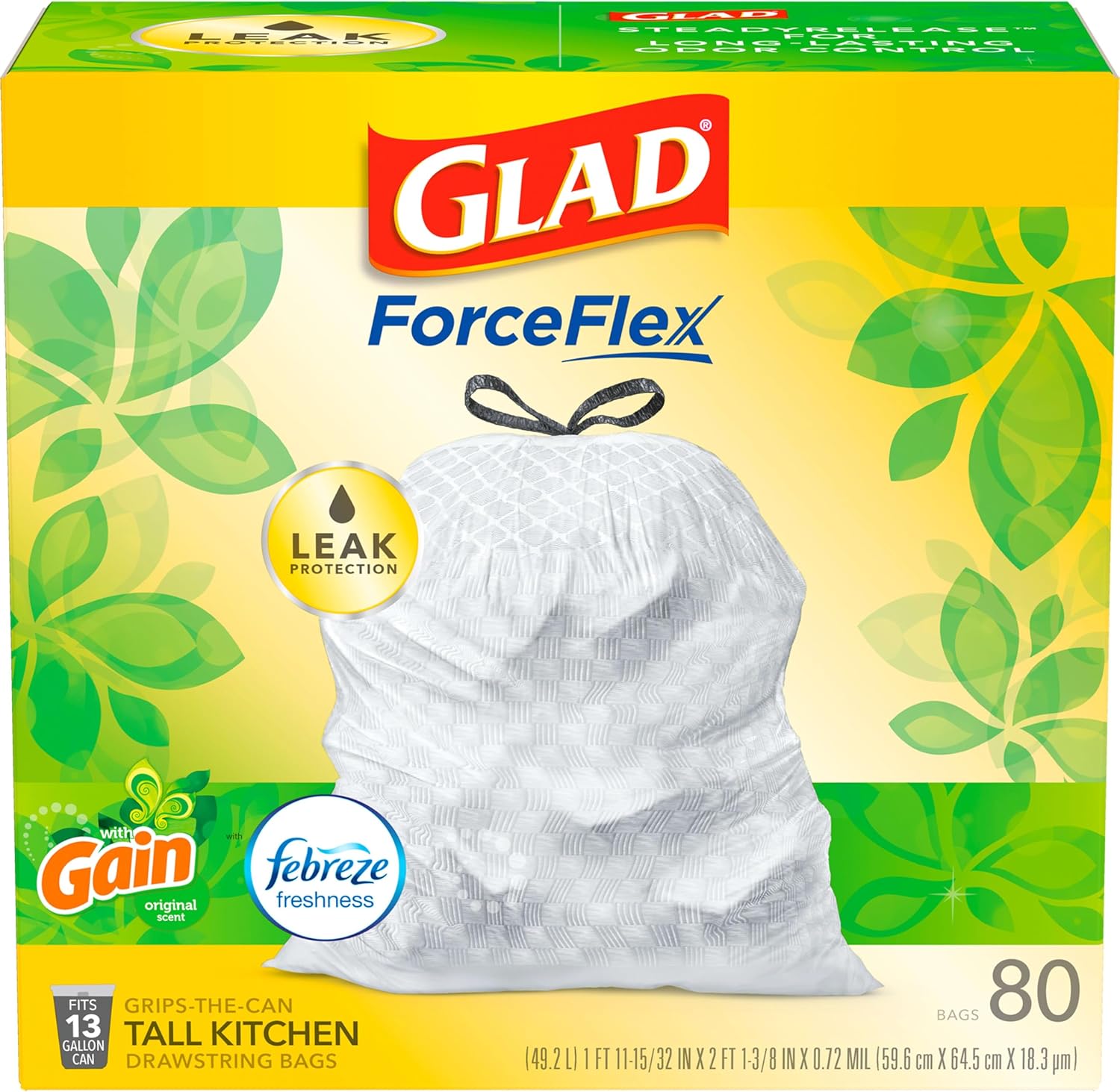 Glad ForceFlex Tall Kitchen Trash Bags, 13 Gal, Gain Original with Febreze, 110 Ct (Pack May Vary)
