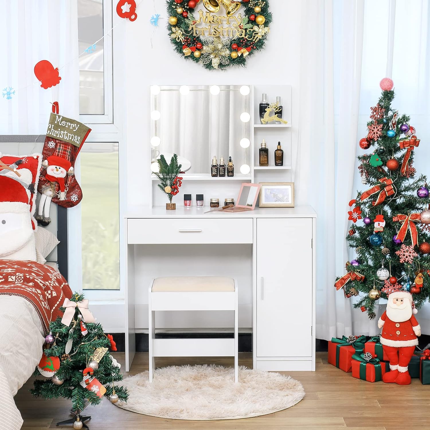 usikey Makeup Vanity Desk , Vanity Mirror with Lights and Table Set with Drawer, Cabinet & 3 Shelves, Makeup Vanity Set with 3 Lighting Modes Brightness Adjustable for Bedroom, White