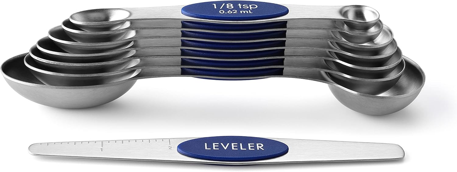 Spring Chef Magnetic Measuring Spoons Set with Strong N45 Magnets, Heavy Duty Stainless Steel Metal, Fits in Most Kitchen Spice Jars for Baking & Cooking, BPA Free, Black, Set of 8 with Leveler