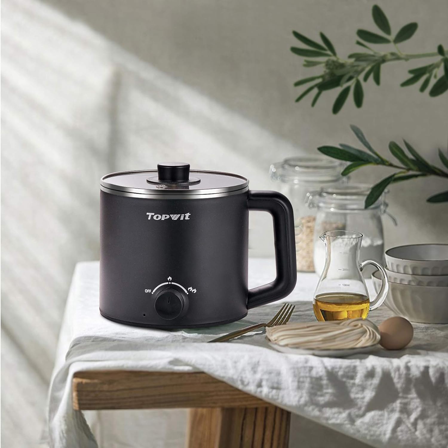 Topwit Hot Pot Electric, Electric Pot, 1.6L Ramen Cooker, Multifunctional Electric Cooker for Pasta, Shabu-Shabu, Oatmeal, Soup and Egg with Over-Heating Protection, Boil Dry Protection, Blue