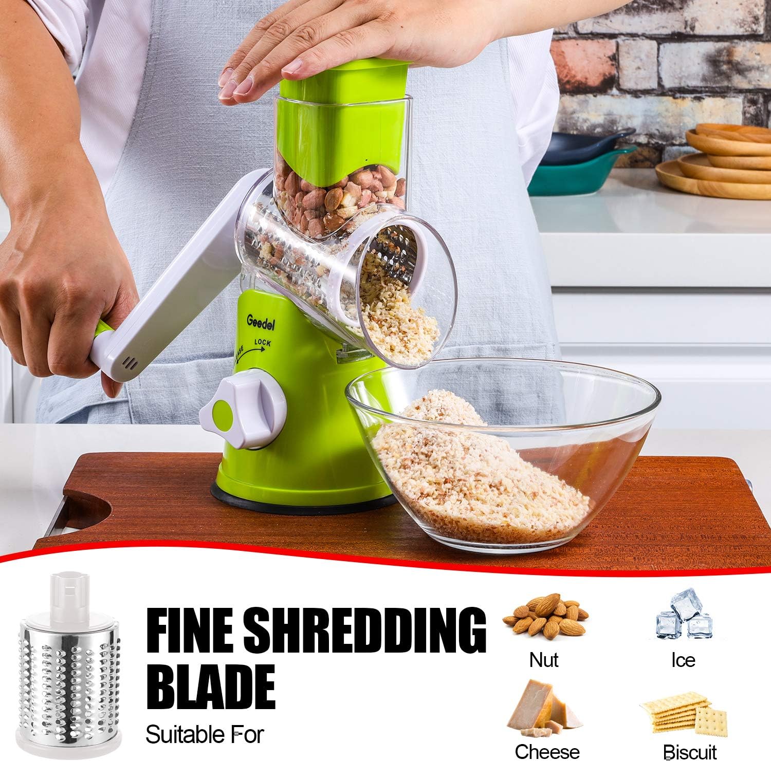 Geedel Rotary Cheese Grater, Kitchen Mandoline Vegetable Slicer with 3 Interchangeable Blades, Easy to Clean Grater for Fruit, Vegetables, Nuts