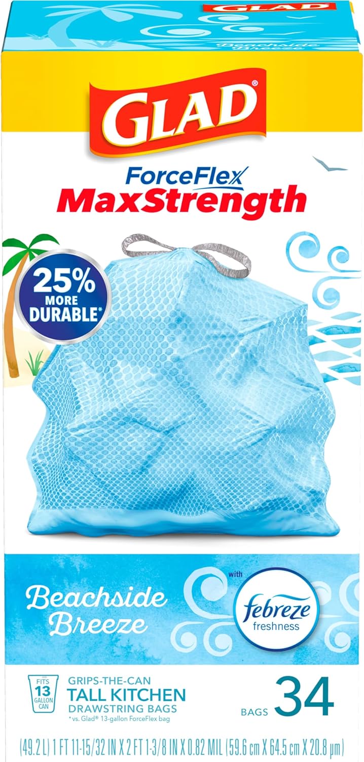 Glad ForceFlex MaxStrength with Clorox Trash Bags, 13 Gal, Lemon Fresh Bleach, 90 Ct, Pack May Vary