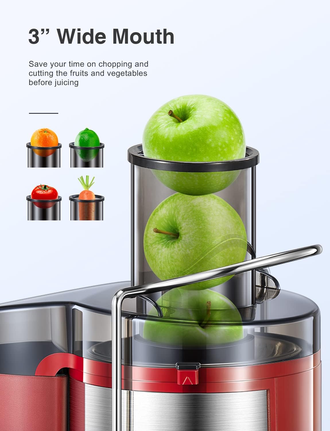 Qcen Juicer Machine, 800W Centrifugal Juicer Extractor with Wide Mouth 3” Feed Chute for Fruit Vegetable, Easy to Clean, Stainless Steel, BPA-free (Black)