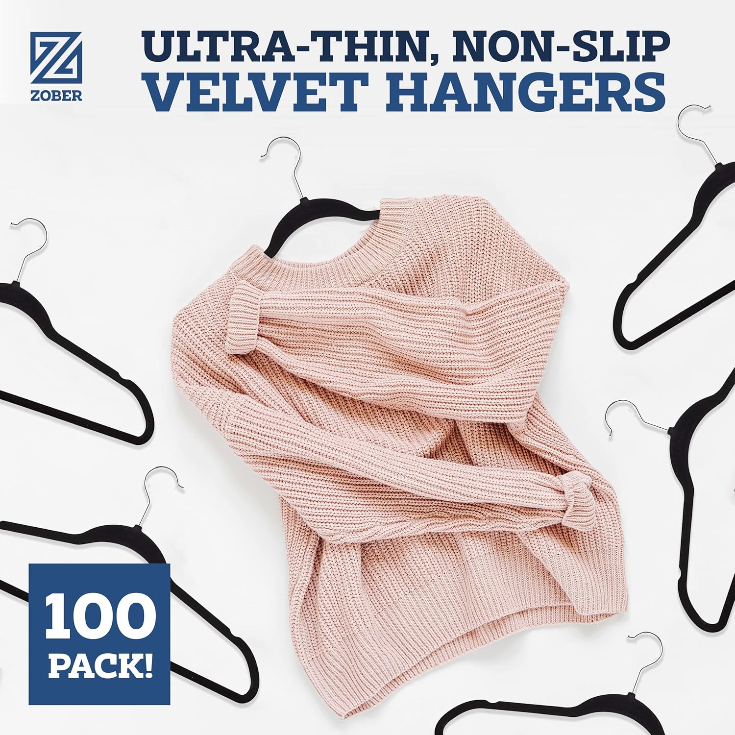 Zober Velvet Hangers 50 Pack - Heavy Duty Black Hangers for Coats, Pants & Dress Clothes - Non Slip Clothes Hanger Set - Space Saving Felt Hangers for Clothing